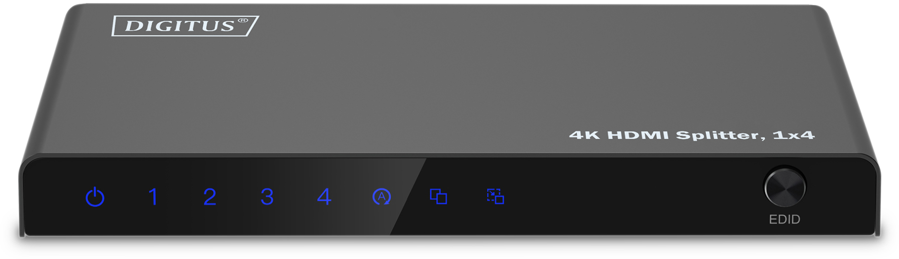 Schwarzer Digitus 4K HDMI-Splitter mit Strom- und Eingangswahllichtern und einer EDID-Taste, auf weißem Hintergrund.