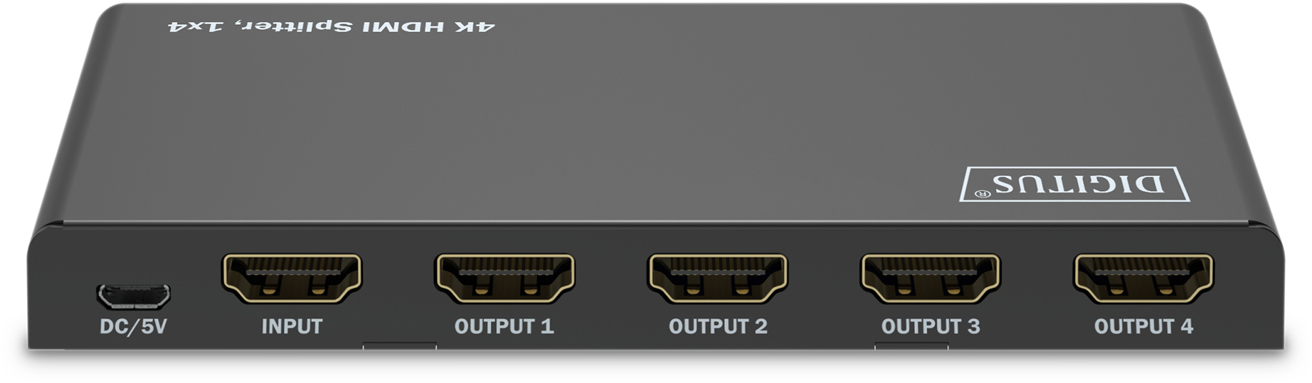 Ein schwarzer HDMI-Splitter mit fünf Anschlüssen. Mit 'DIGITUS'-Logo gekennzeichnet. Weißer Hintergrund.