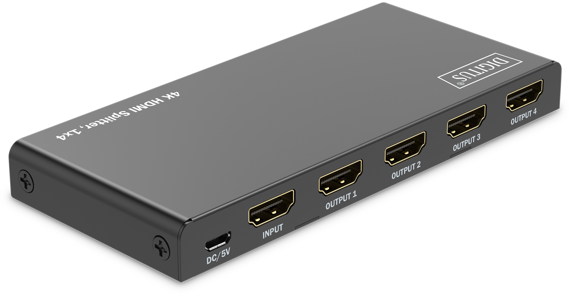 Schwarzer HDMI-Splitter mit mehreren Ein-/Ausgangsanschlüssen. Produkt auf weißem Hintergrund.