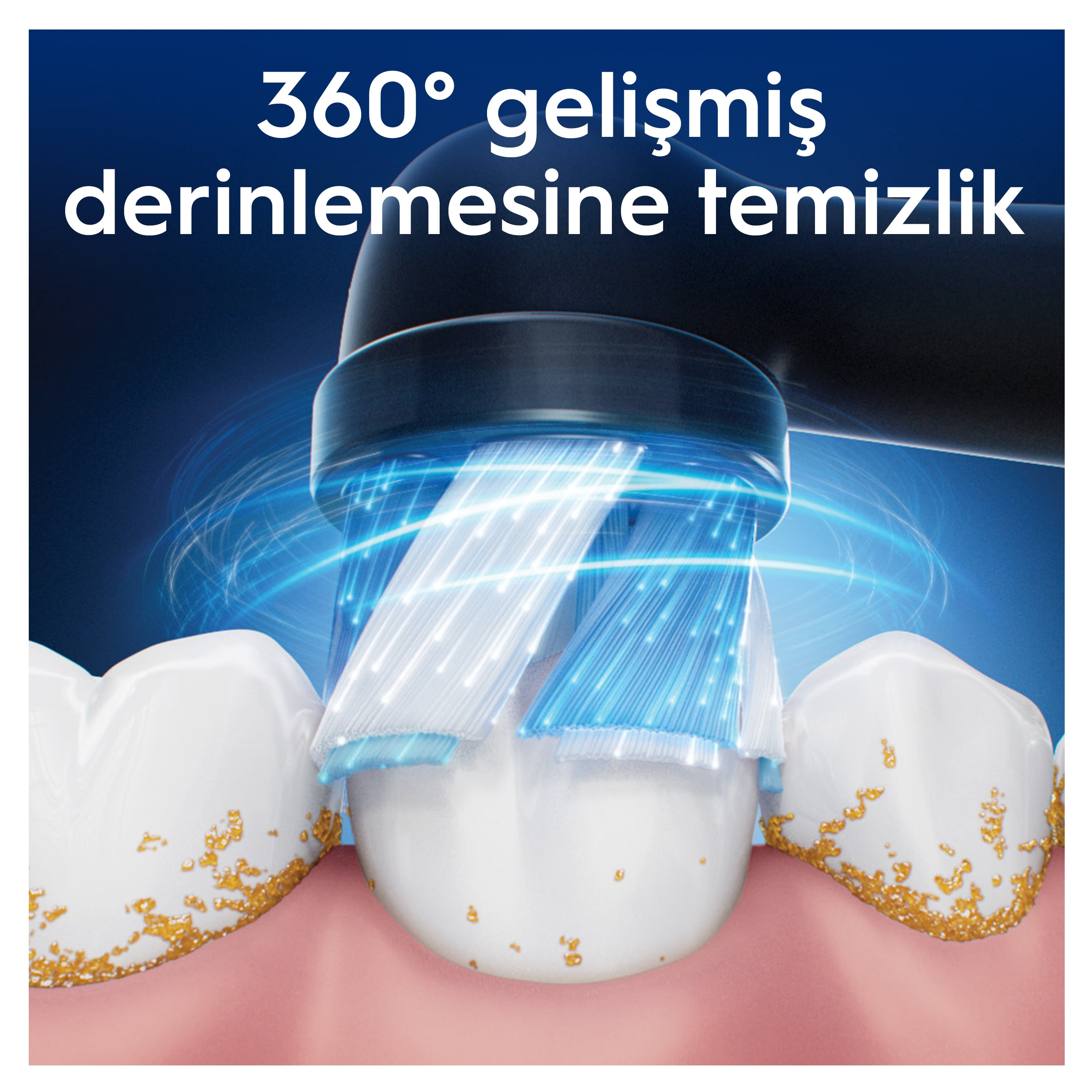 Dişleri temizleyen bir elektrikli diş fırçasının yakın çekimi. Mavi ve beyaz kıllar görülebilir.
