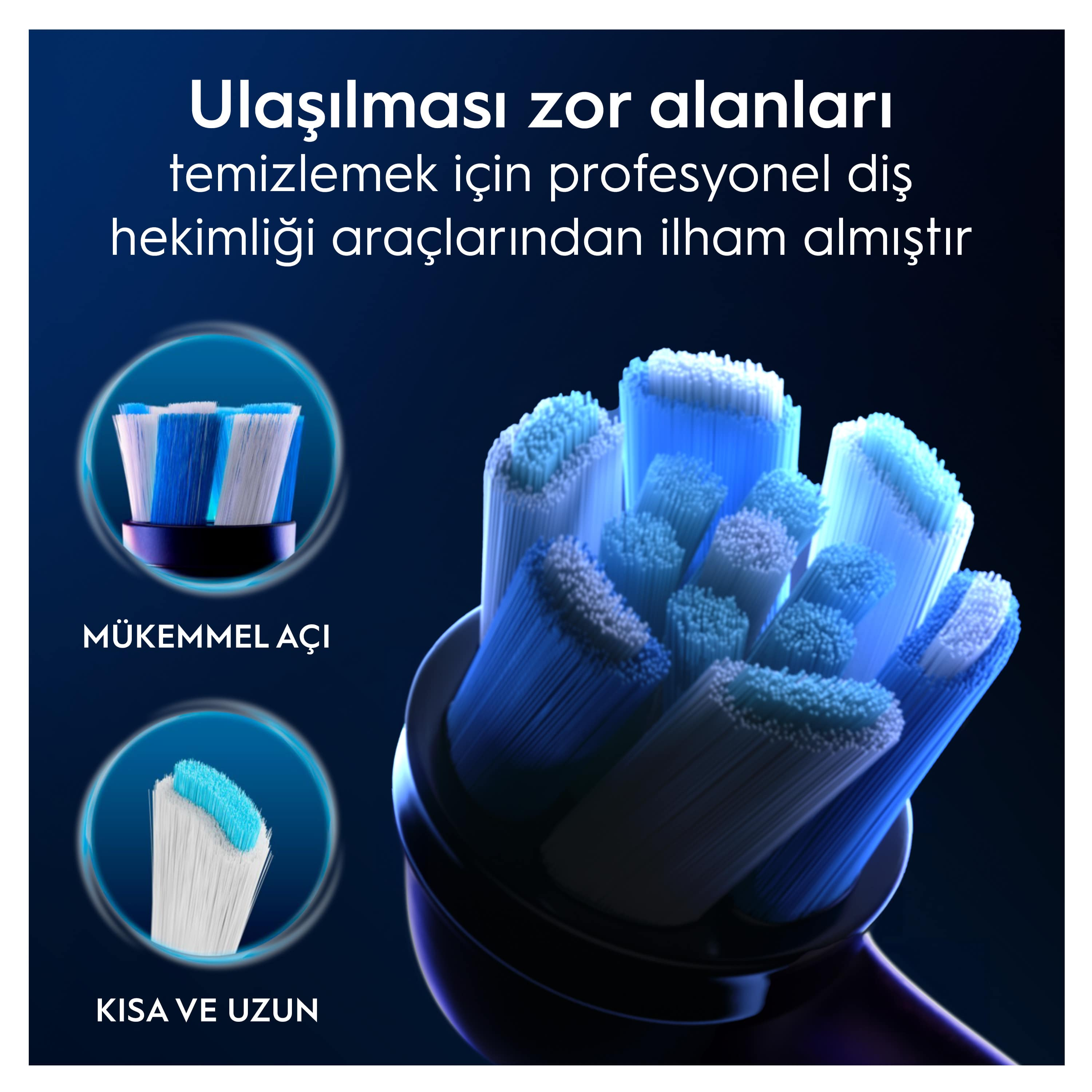 Mavi ve beyaz renk şemasında, farklı açılarda ve uzunluklarda diş fırçası kıllarının yakın çekimi.