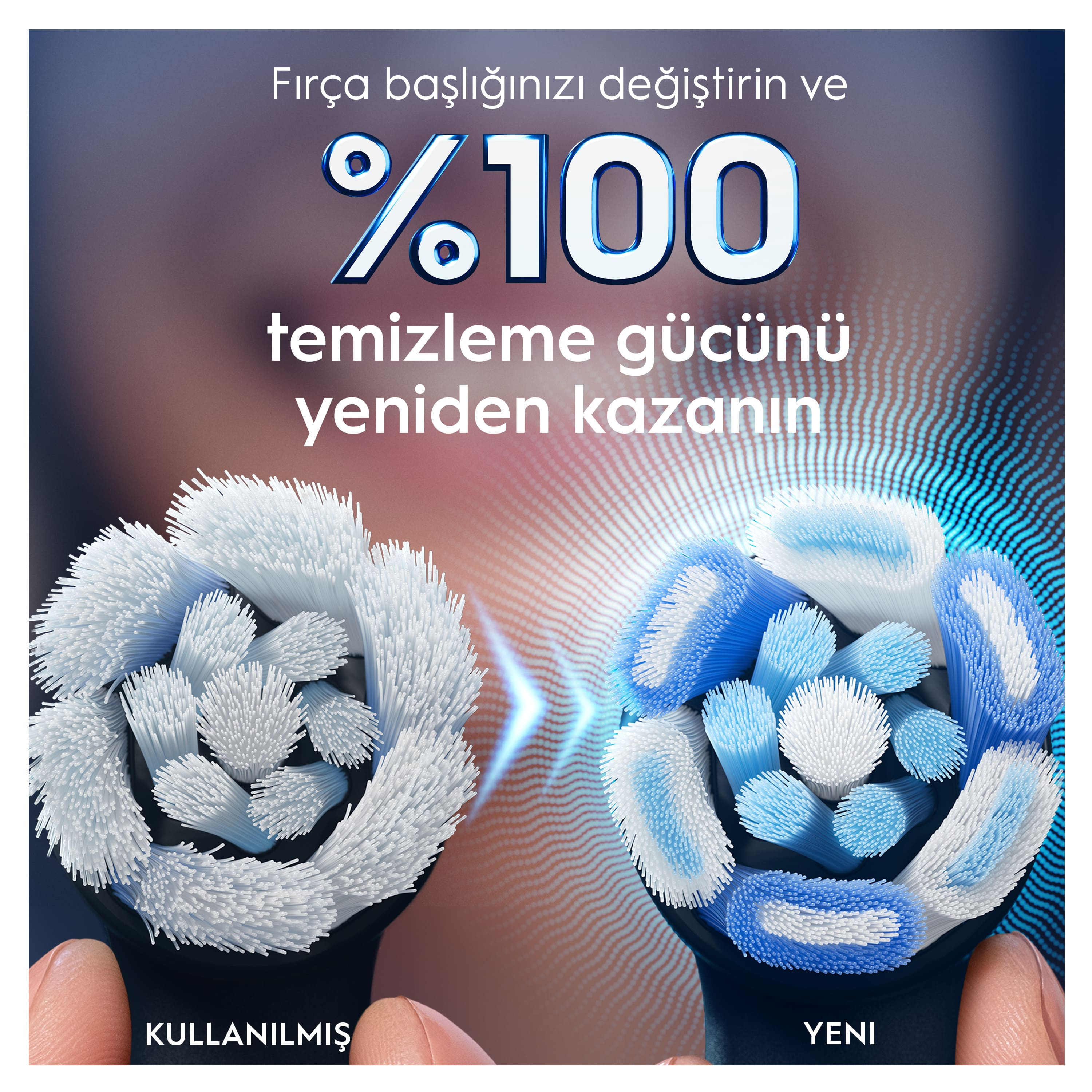 Yeni ve kullanılmış diş fırçası başlıkları, biri mavi kıllı, diğeri beyaz.