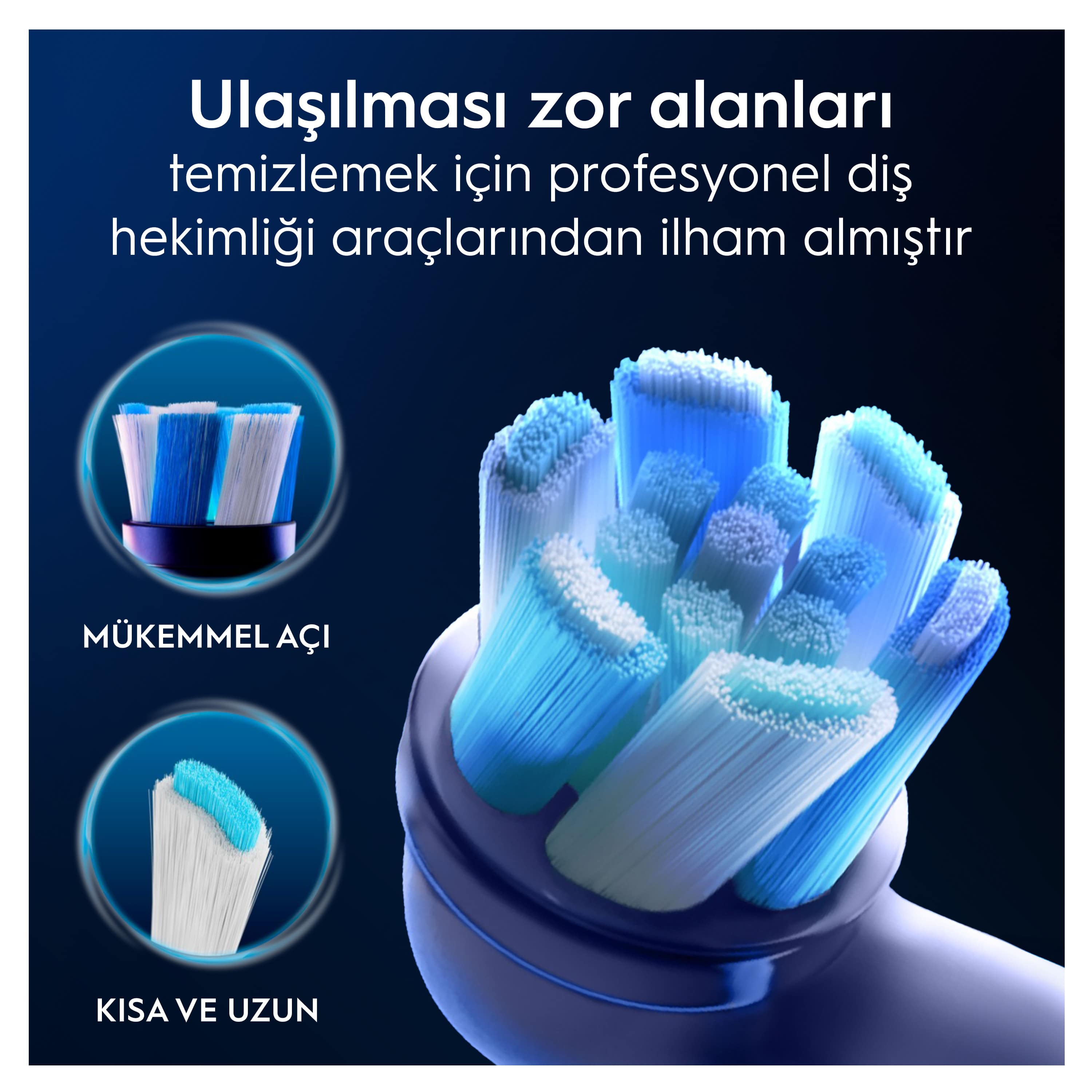 Mavi ve beyaz renklerde kılları gösteren bir diş fırçası başlığının yakın çekimi.