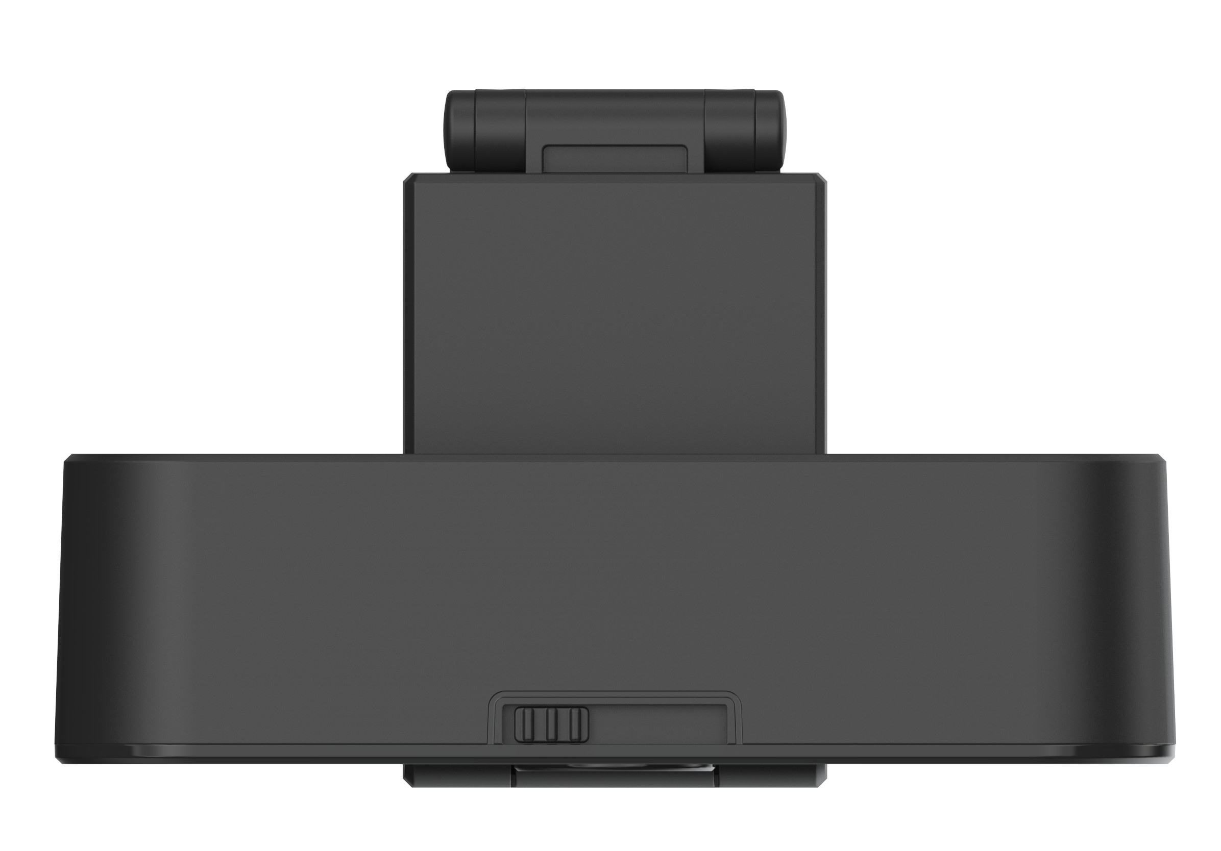 Czarne urządzenie z małym ekranem, przyciskiem i przełącznikiem suwakowym.