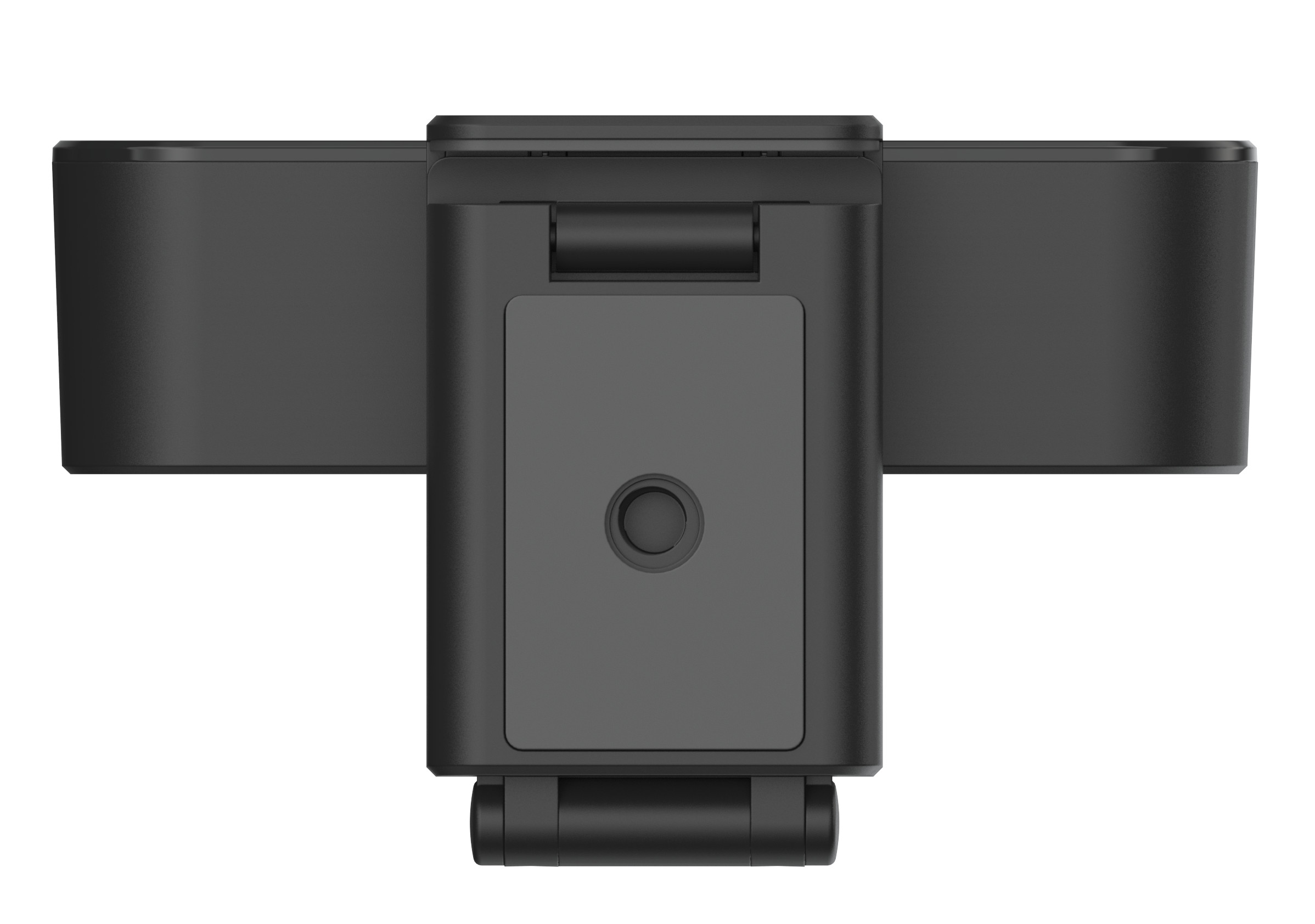 Widok z góry czarnej kamery internetowej z dwoma bocznymi rozszerzeniami i centralną częścią.