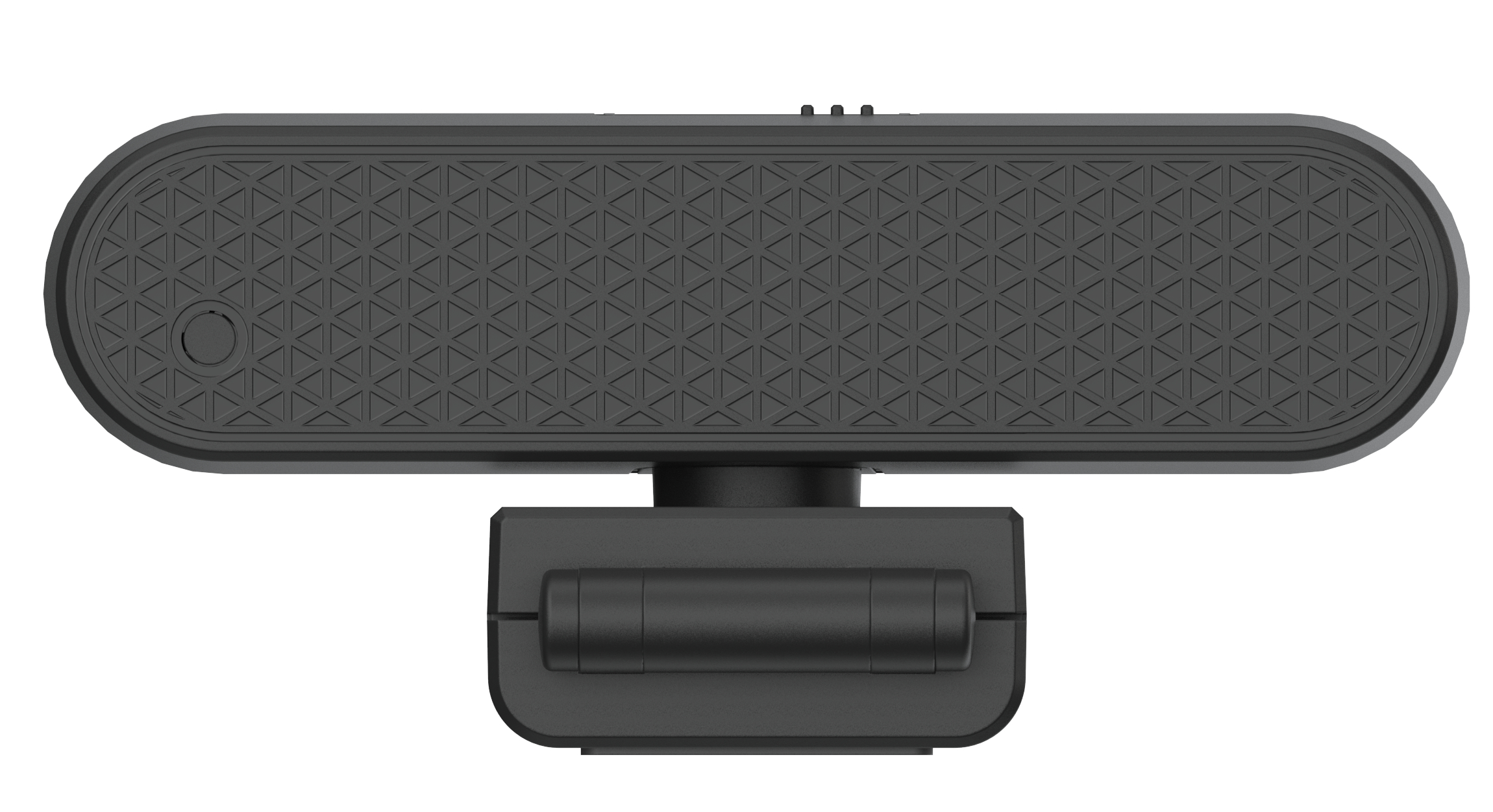 Czarna kamera internetowa z unikalnym wzorem na górze, zamontowana na statywie.