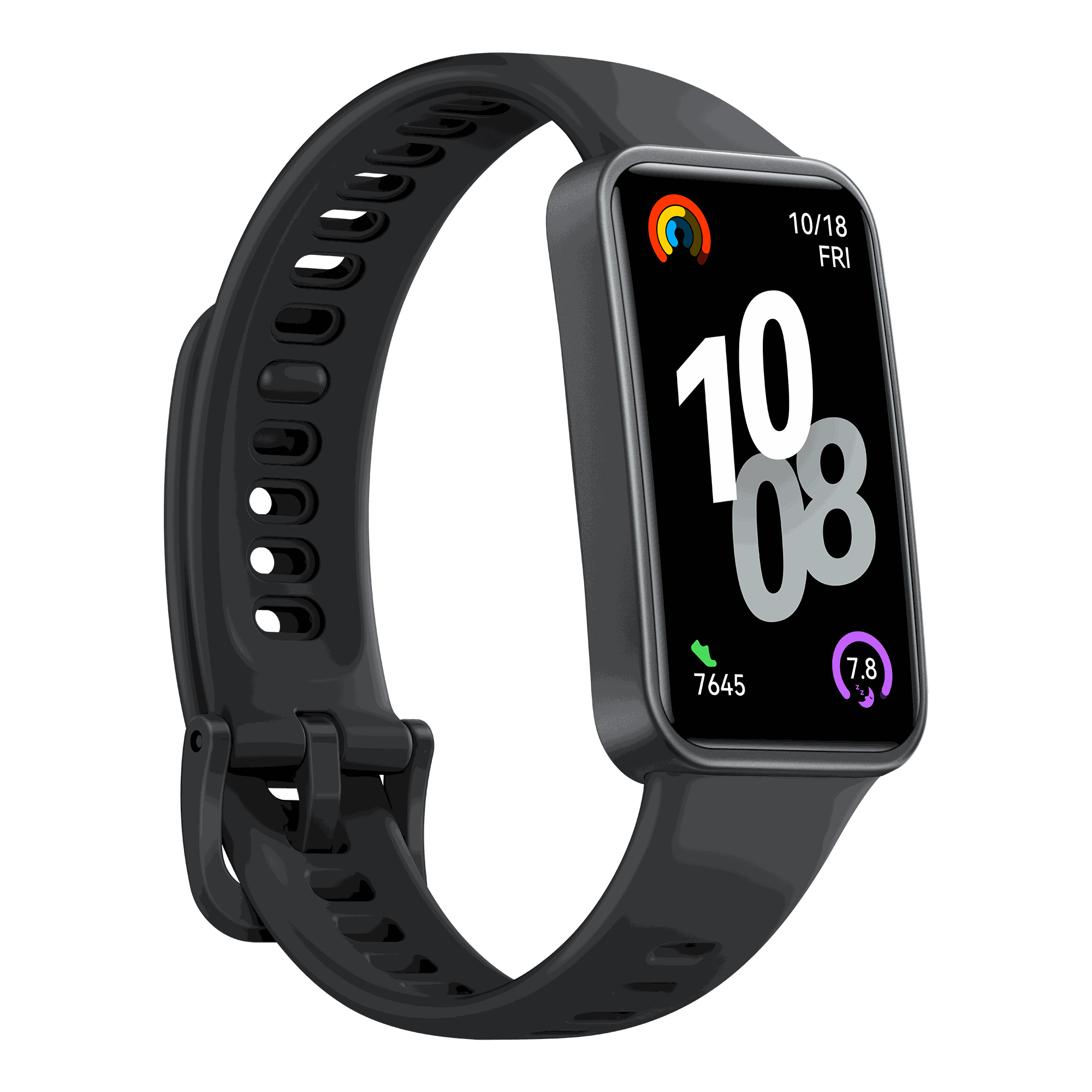 Eine schwarze Smartwatch mit schwarzem Armband, die Zeit und andere Daten anzeigt.
