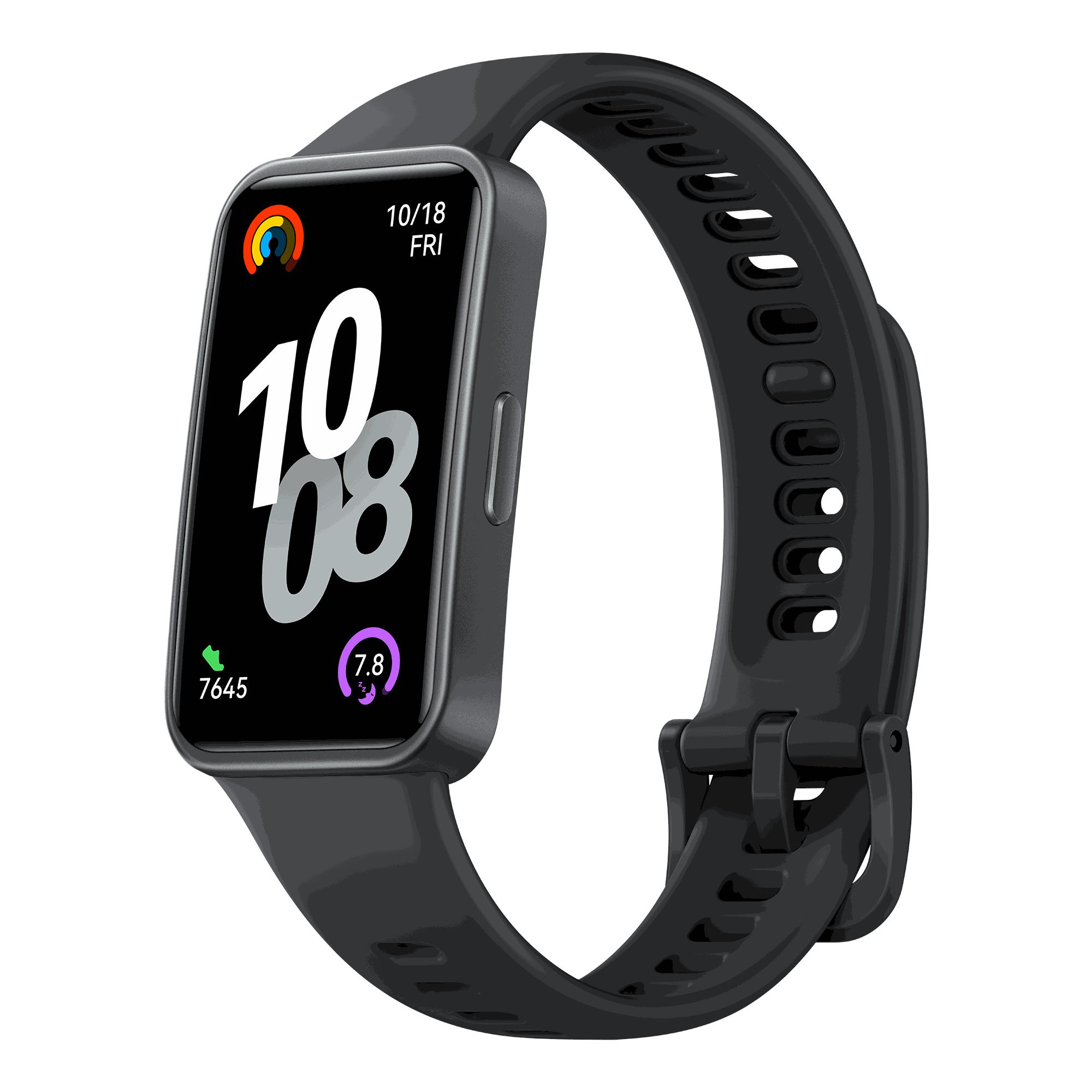 Eine schwarze Smartwatch zeigt Datum, Uhrzeit, Schritte und Herzfrequenz mit einem schwarzen Armband an.