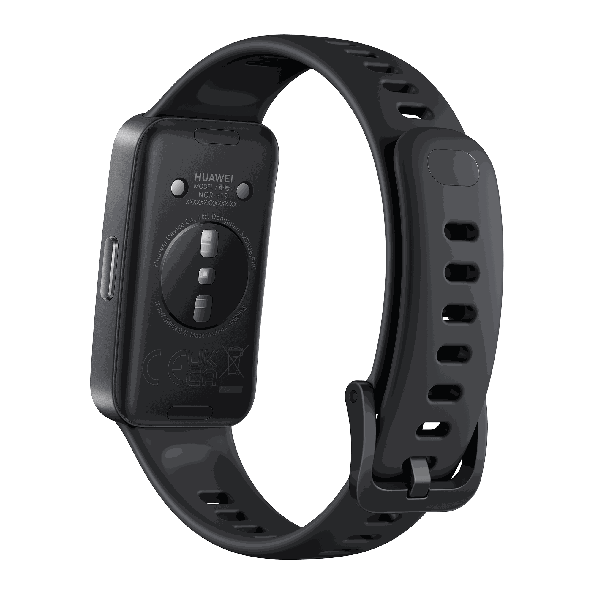 Schwarzes Huawei Smartband, Rückansicht, zeigt die Unterseite mit Logos und Armband.