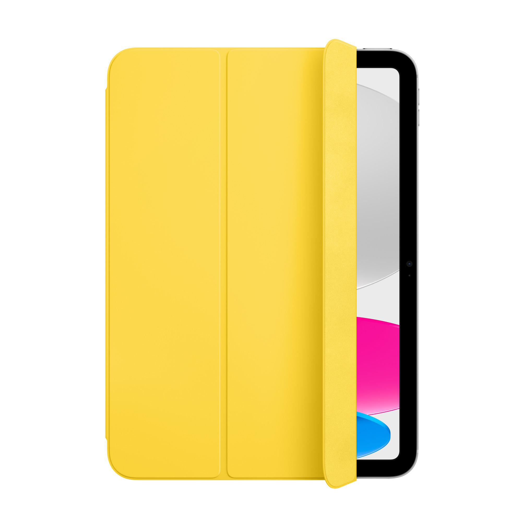 Gelbe Tablethülle, teilweise geöffnet, zeigt den Tablet-Bildschirm mit Pink, Blau und Grau.
