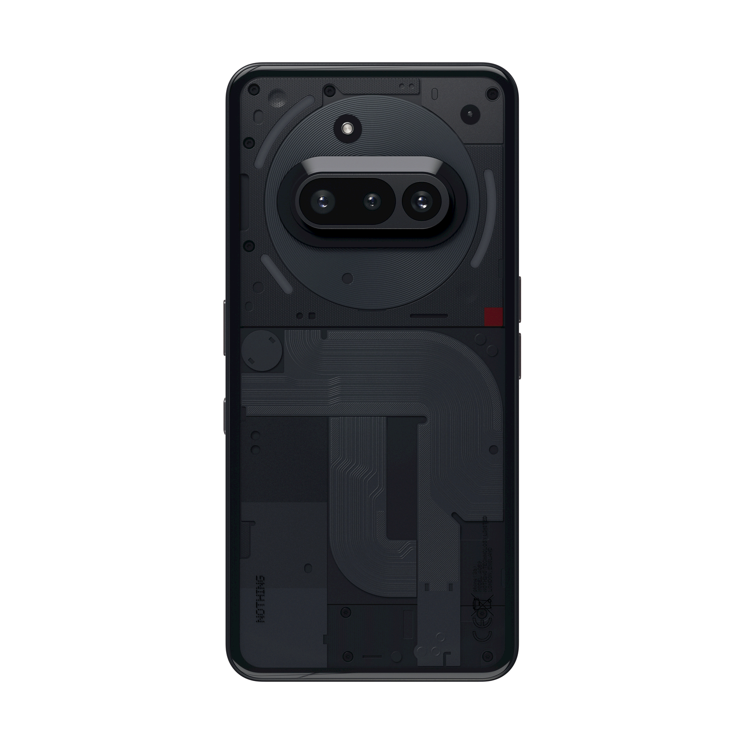 Uno smartphone nero con retro trasparente, che rivela i componenti interni.