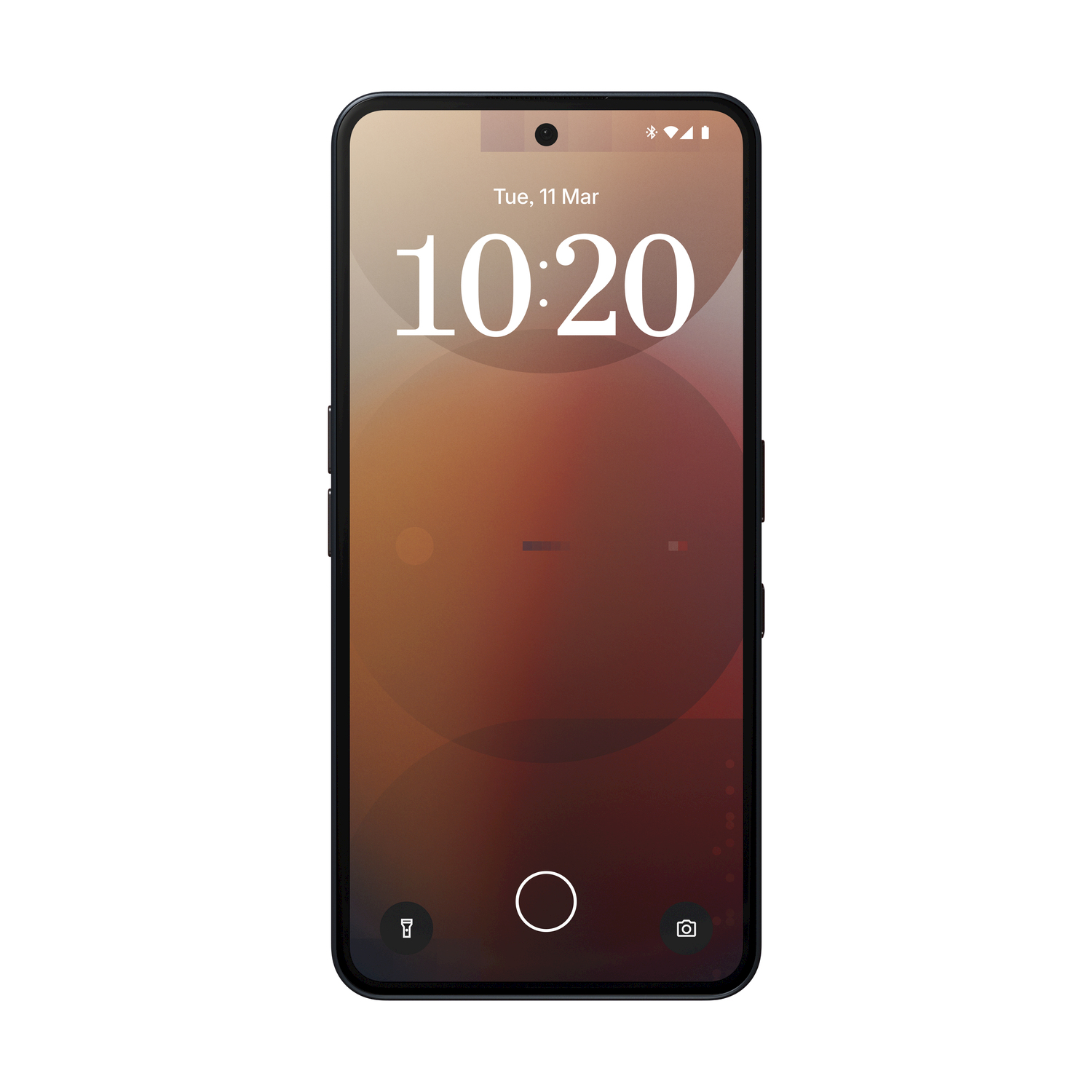 Uno smartphone nero mostra l'ora 10:20 sullo schermo. Ha uno sfondo sfumato marrone scuro e una fotocamera.