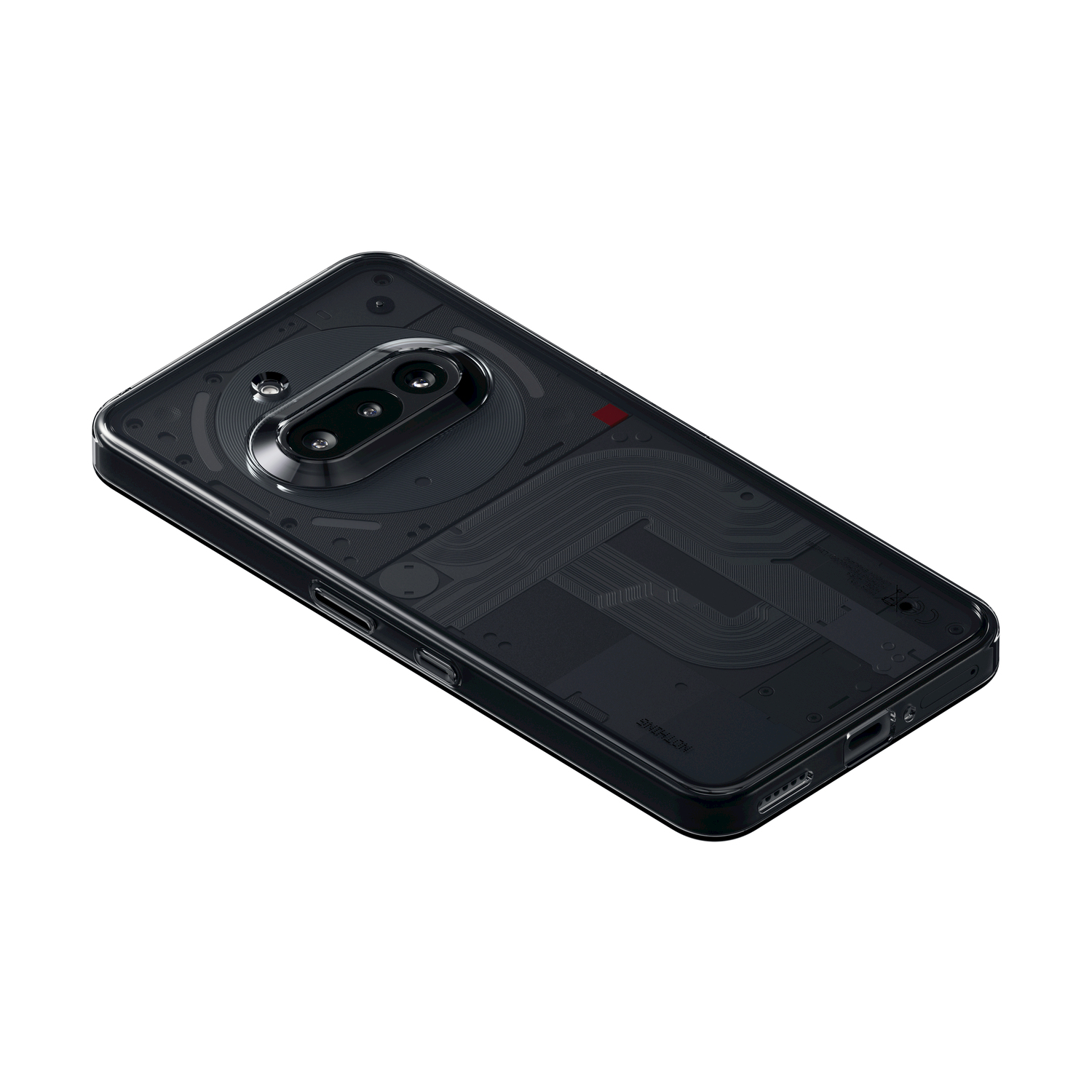 Telefono nero con retro trasparente che rivela i componenti interni, su una superficie bianca.