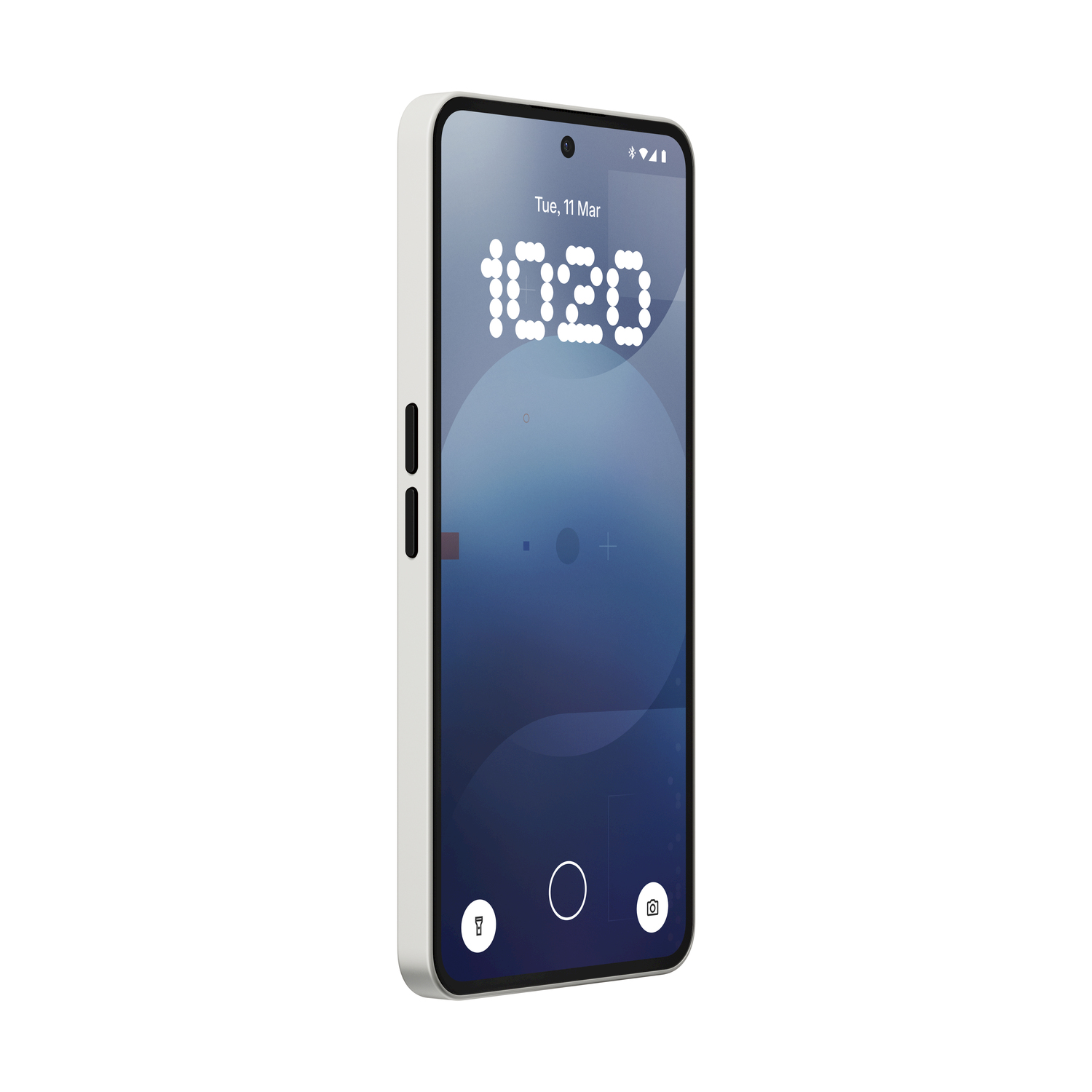 Smartphone che mostra l'ora su sfondo bianco.