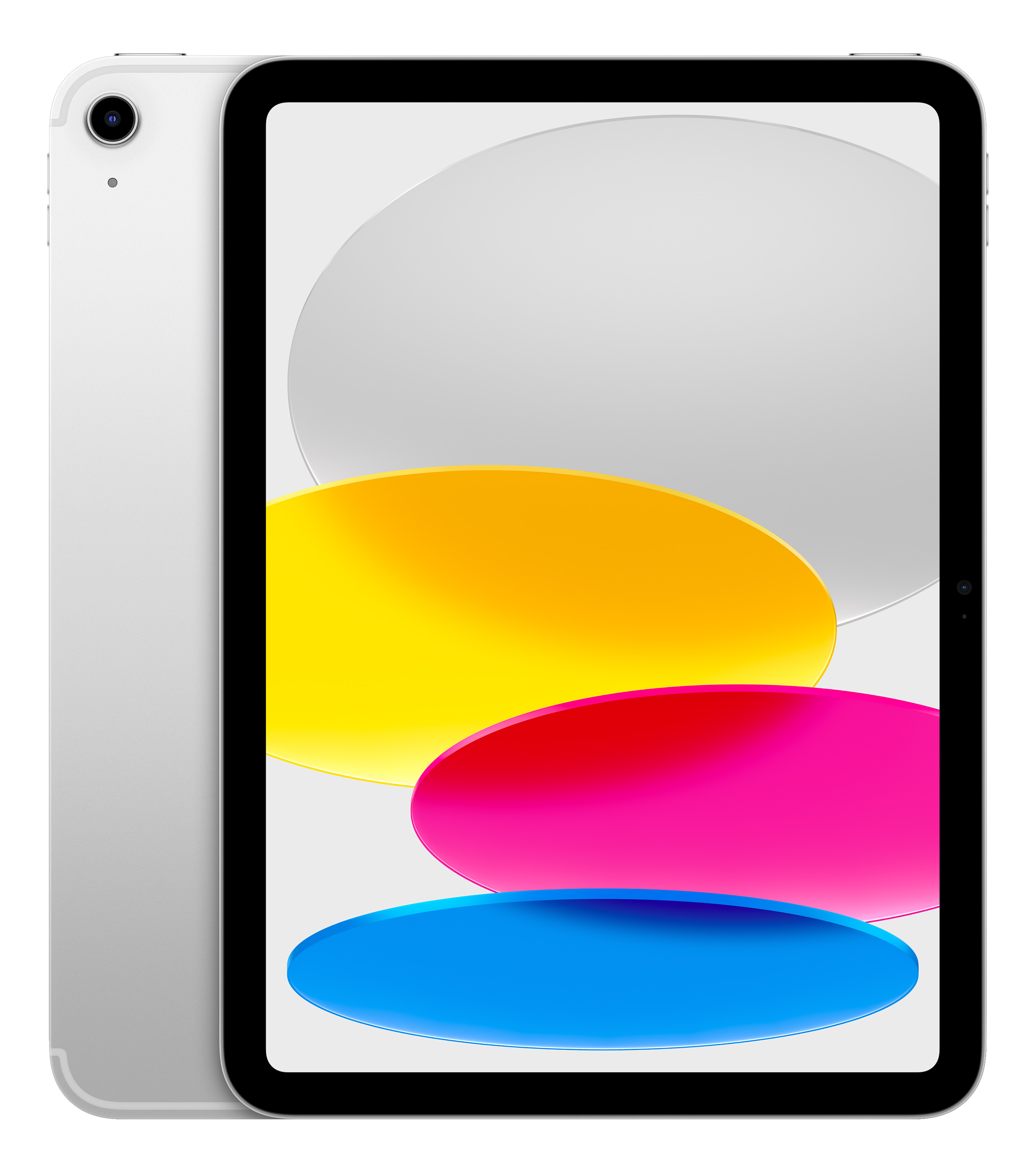 Tablet mit farbenfrohem Bildschirm. Die Rückseite ist silber.