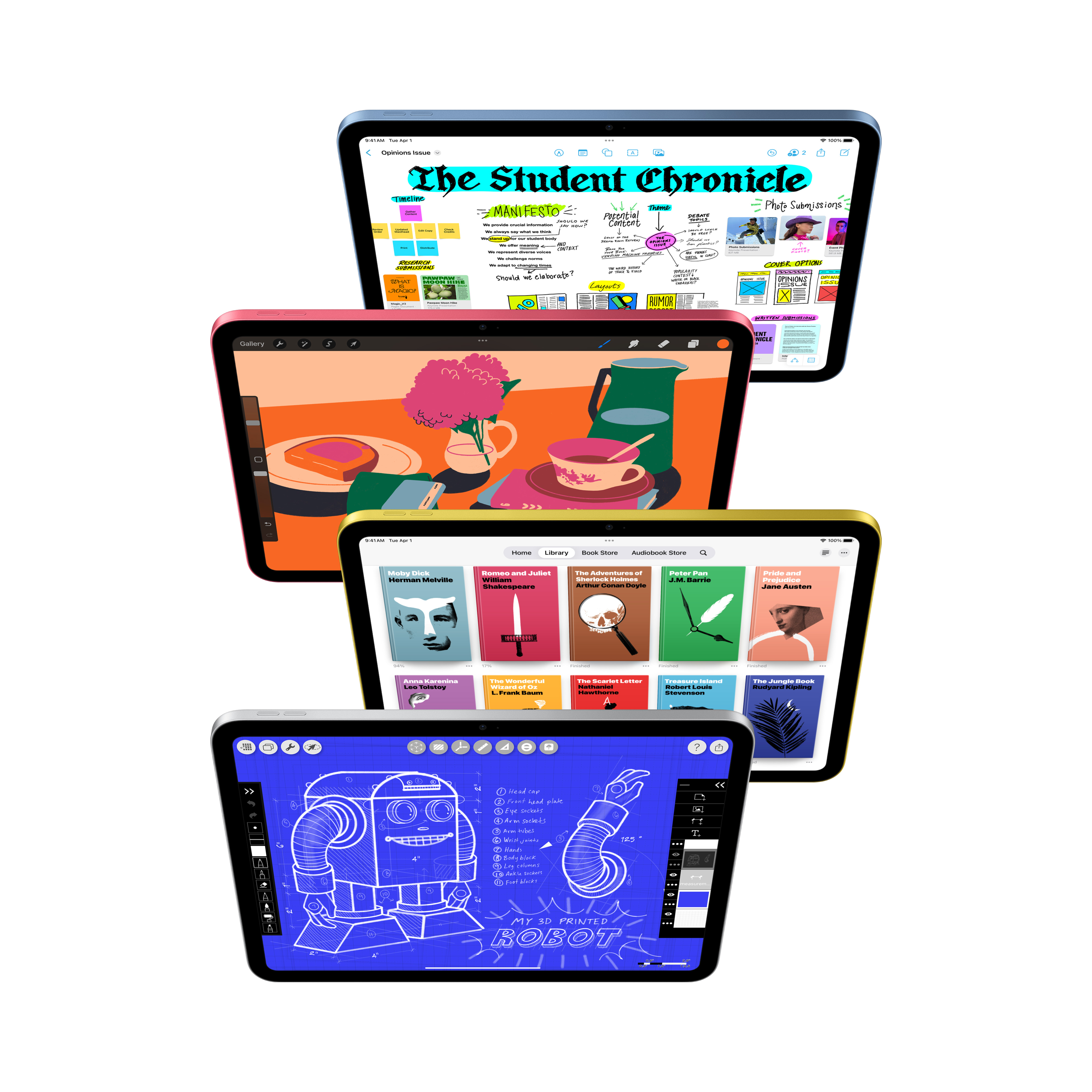 Diversi iPad impilati, ciascuno con un'app diversa aperta.