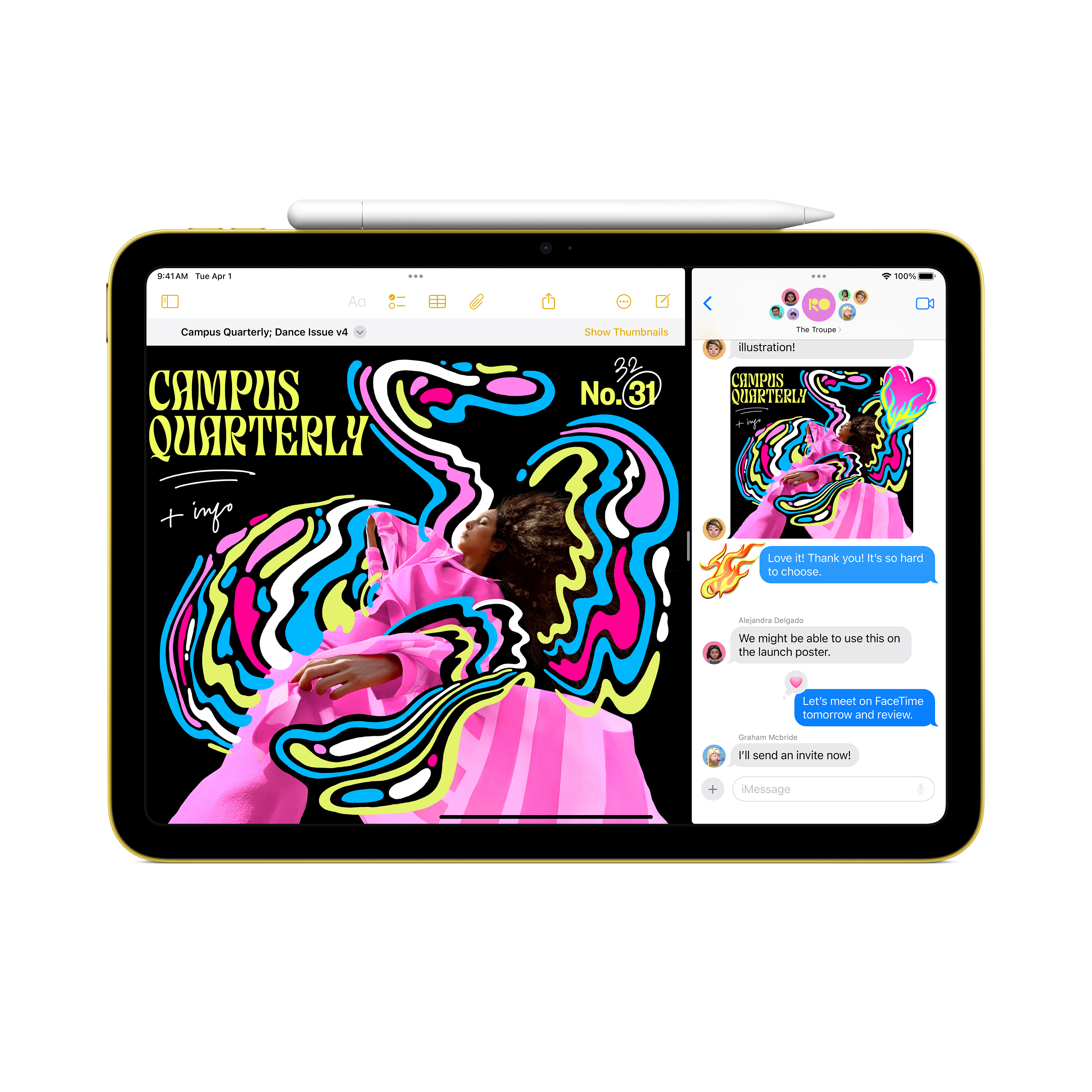 Un iPad giallo con stilo mostra un'illustrazione di rivista colorata.