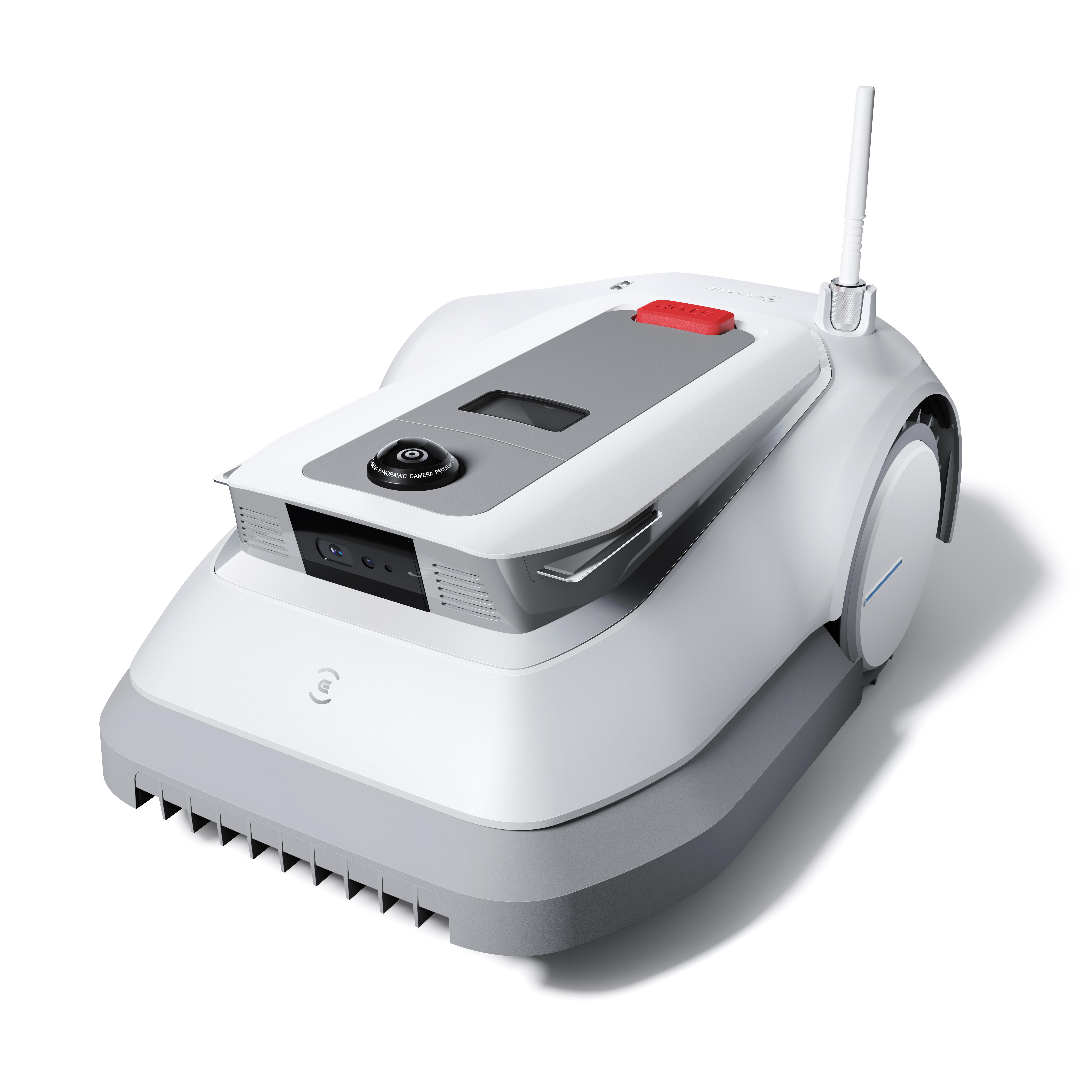 Ein weiß-grauer Roboter-Rasenmäher auf weißem Hintergrund. Er hat einen roten Knopf.