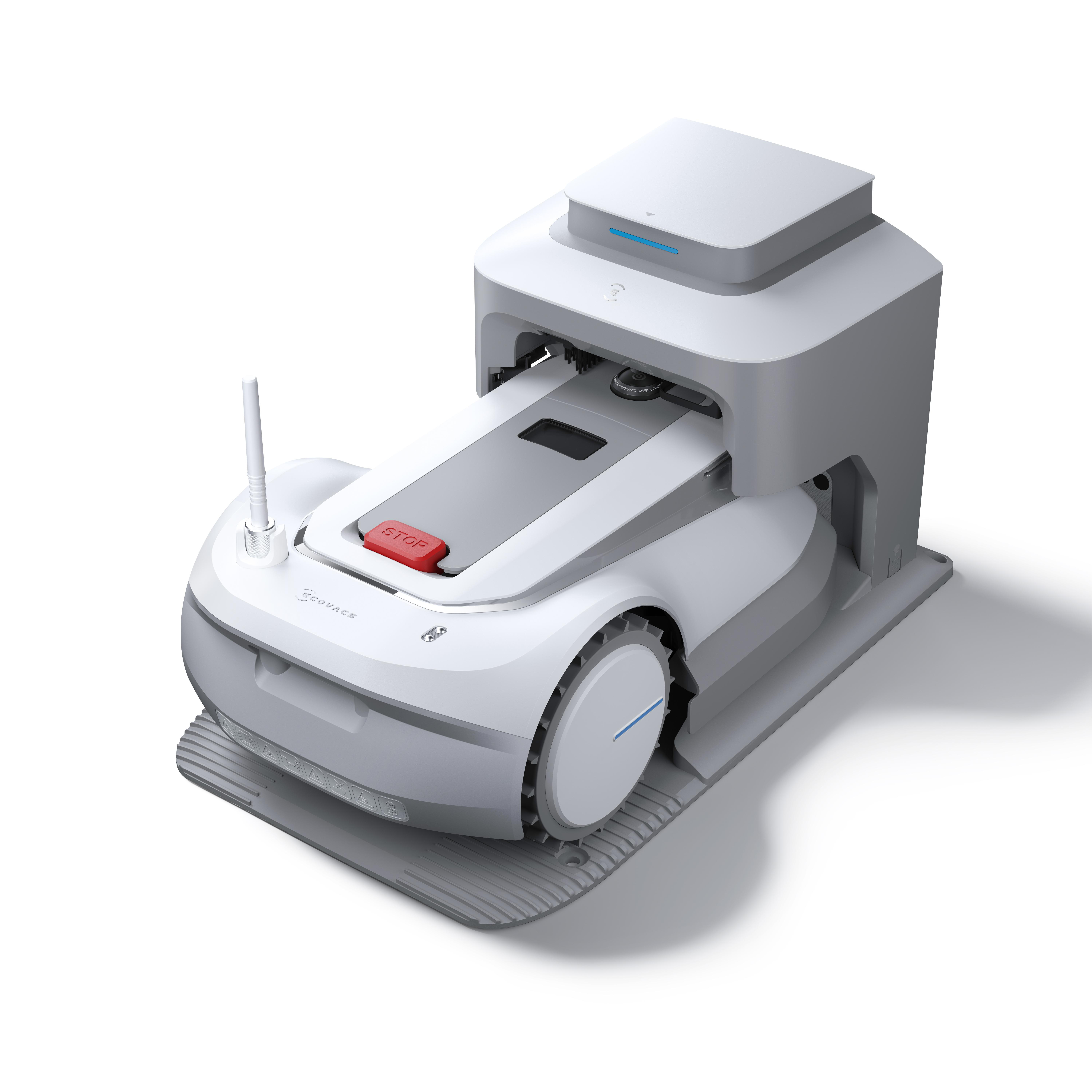 Weißer Roboter-Staubsauger auf grauem Sockel, weißer Hintergrund.