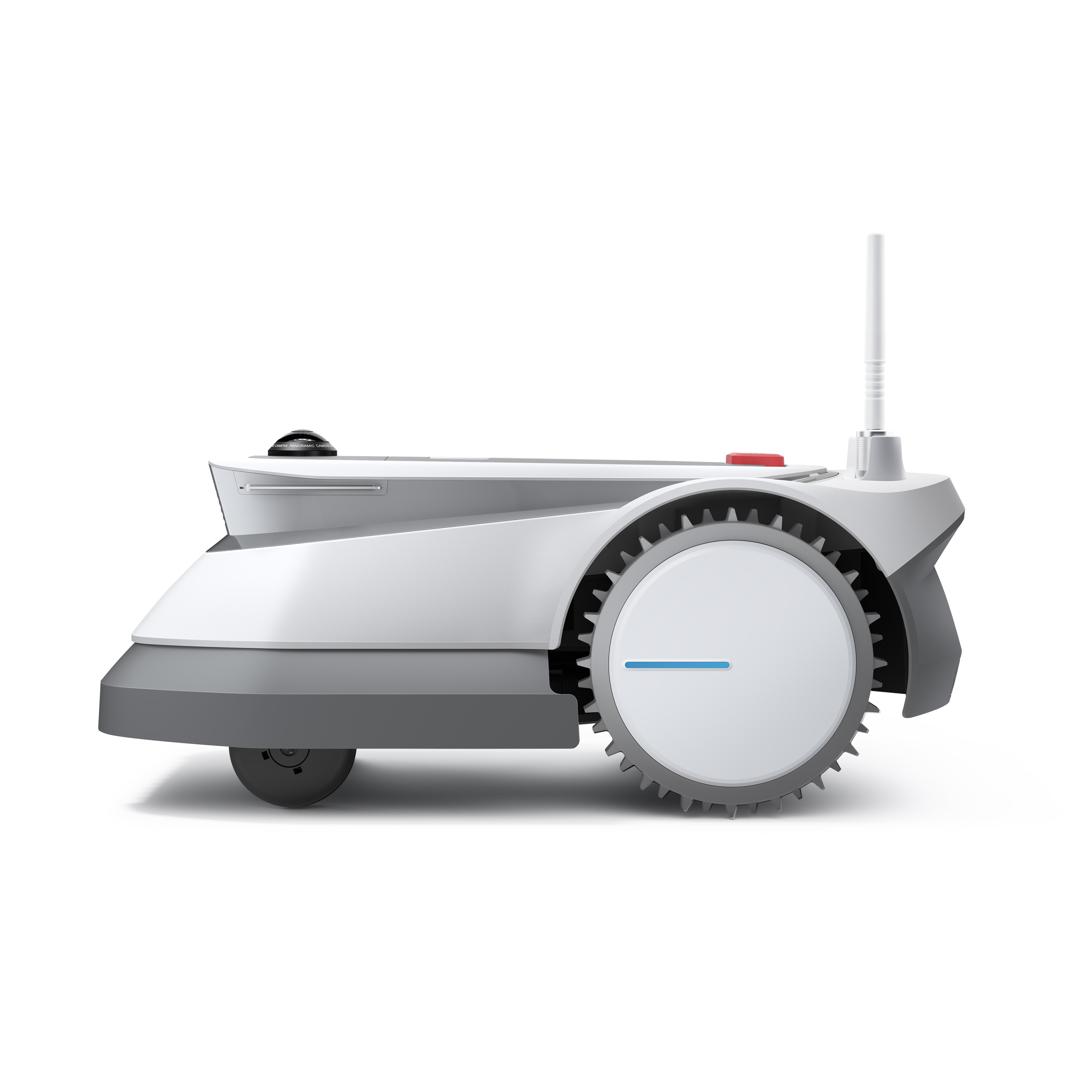 Weiß-grauer Roboterrasenmäher mit Rad und Antenne auf weißem Hintergrund.