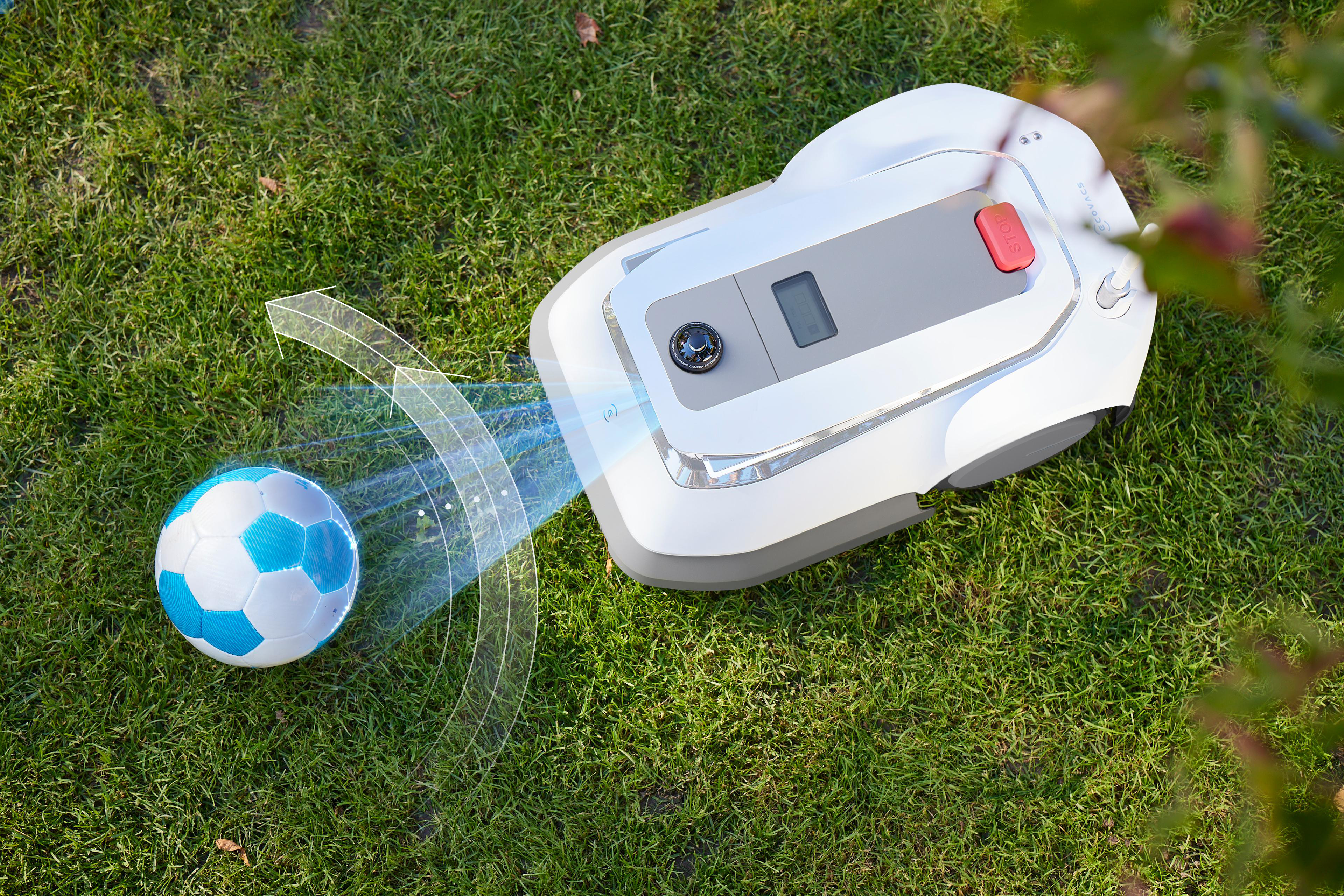 Mähroboter neben Fußball auf grünem Rasen.