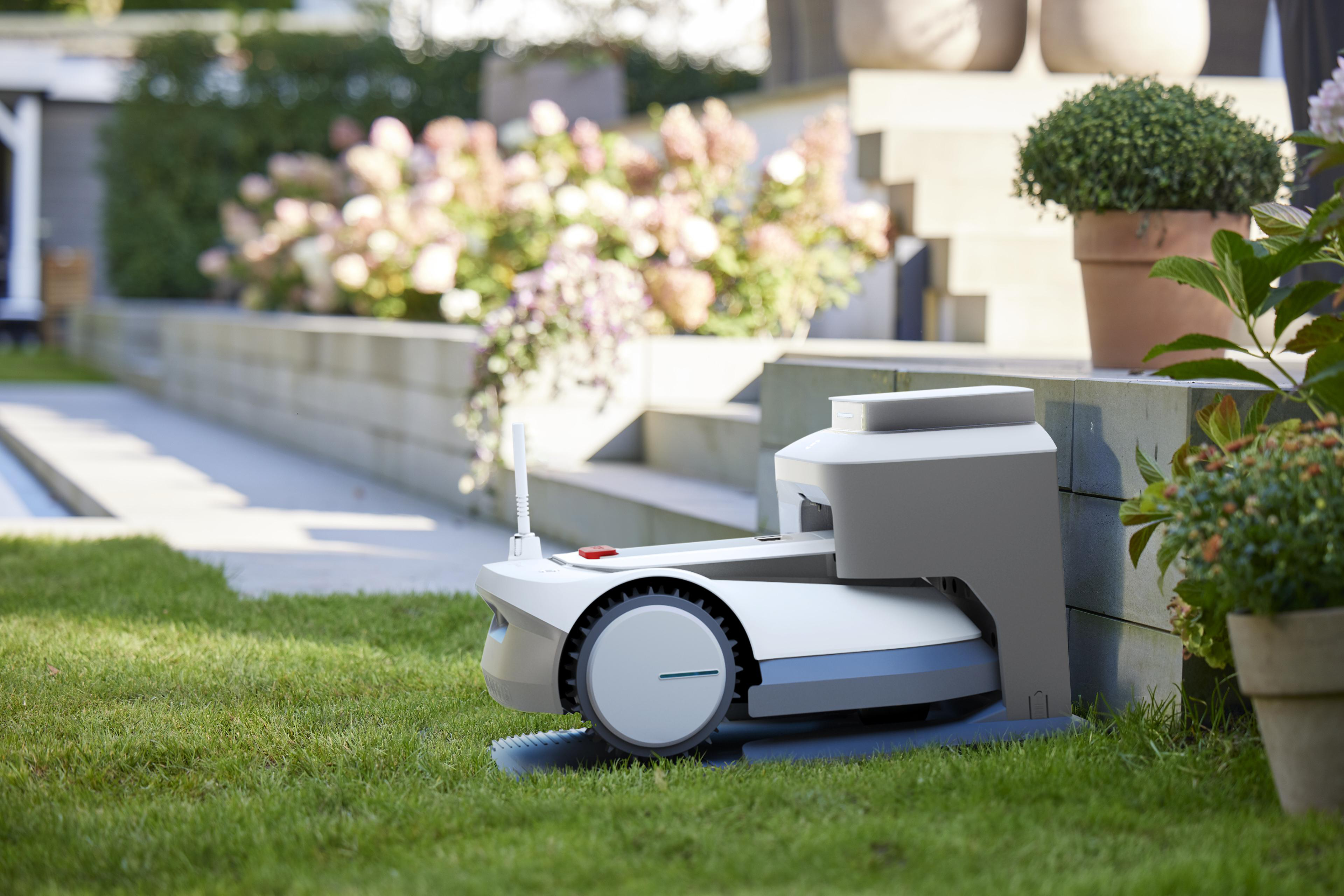 Roboter-Rasenmäher auf einem grünen Rasen, in der Nähe einer Steinmauer und Topfpflanzen.