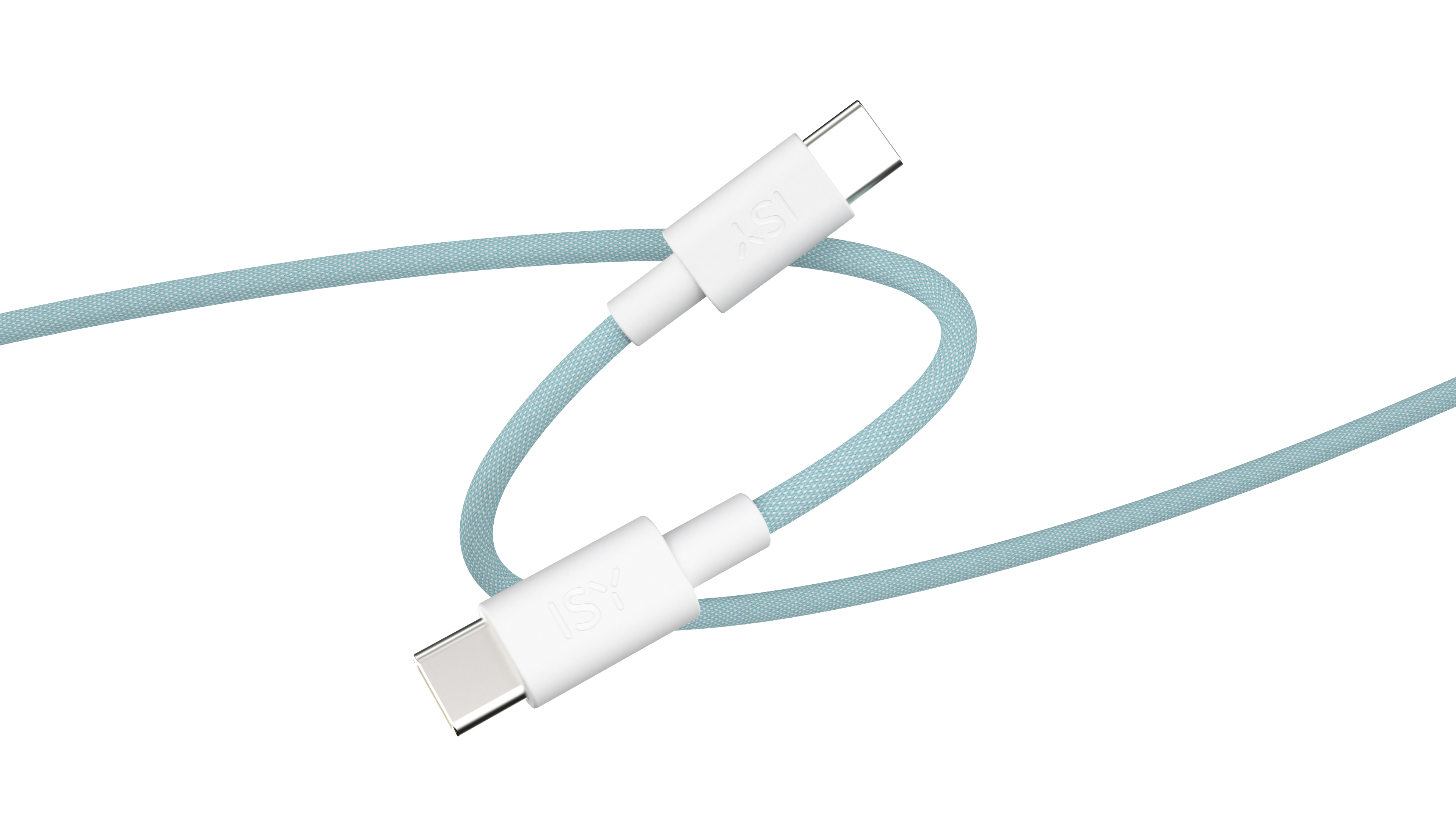 Dwa białe kable USB-C z jasnoniebieskim kablem. Białe złącza. Czarne tło.