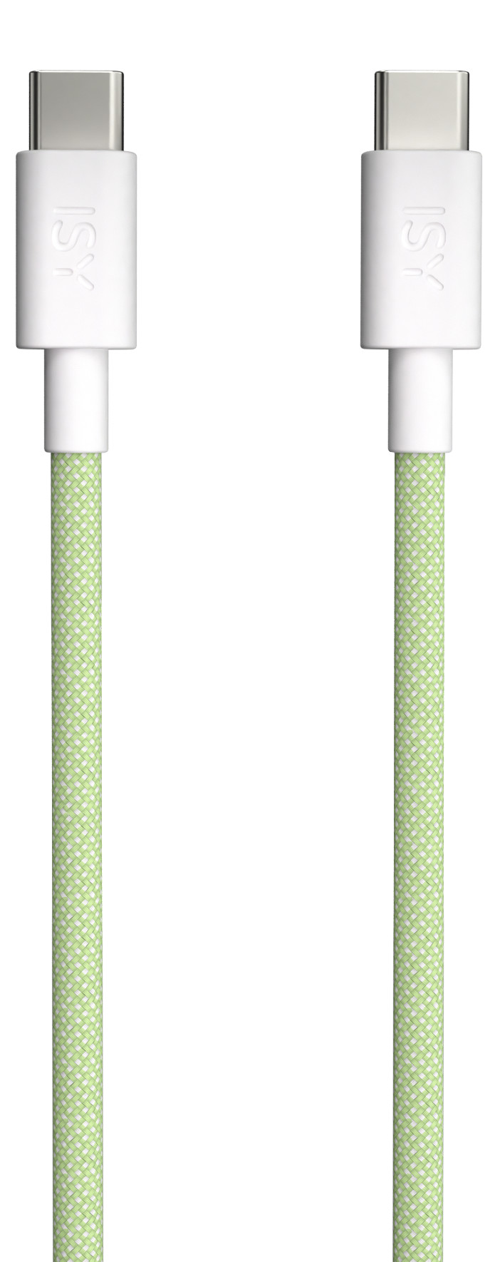Biały kabel USB-C z zielonym przewodem pokrytym tkaniną, białymi złączami i etykietami ISY.