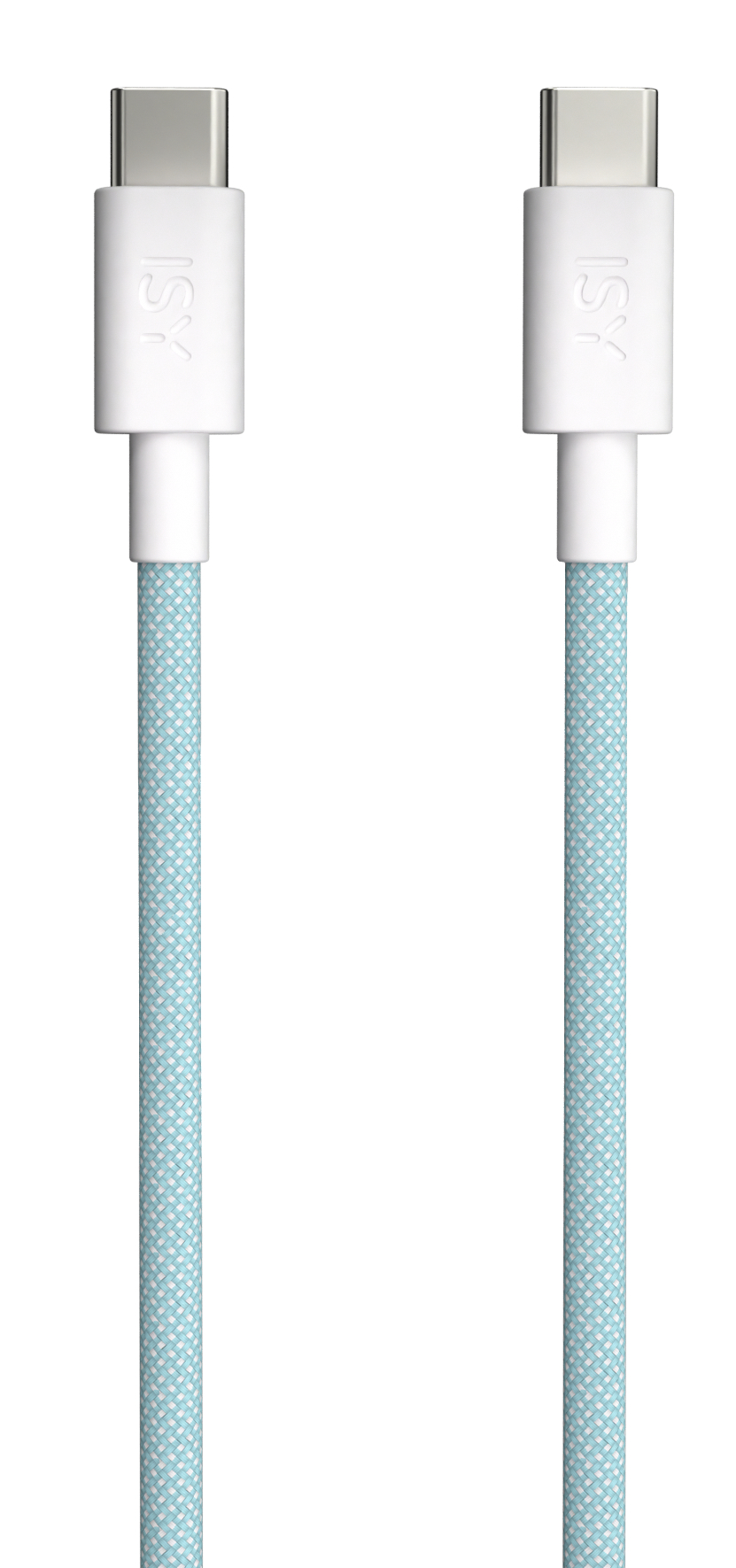 Dwa kable USB-C. Białe złącza i jasnoniebieskie plecione kable.