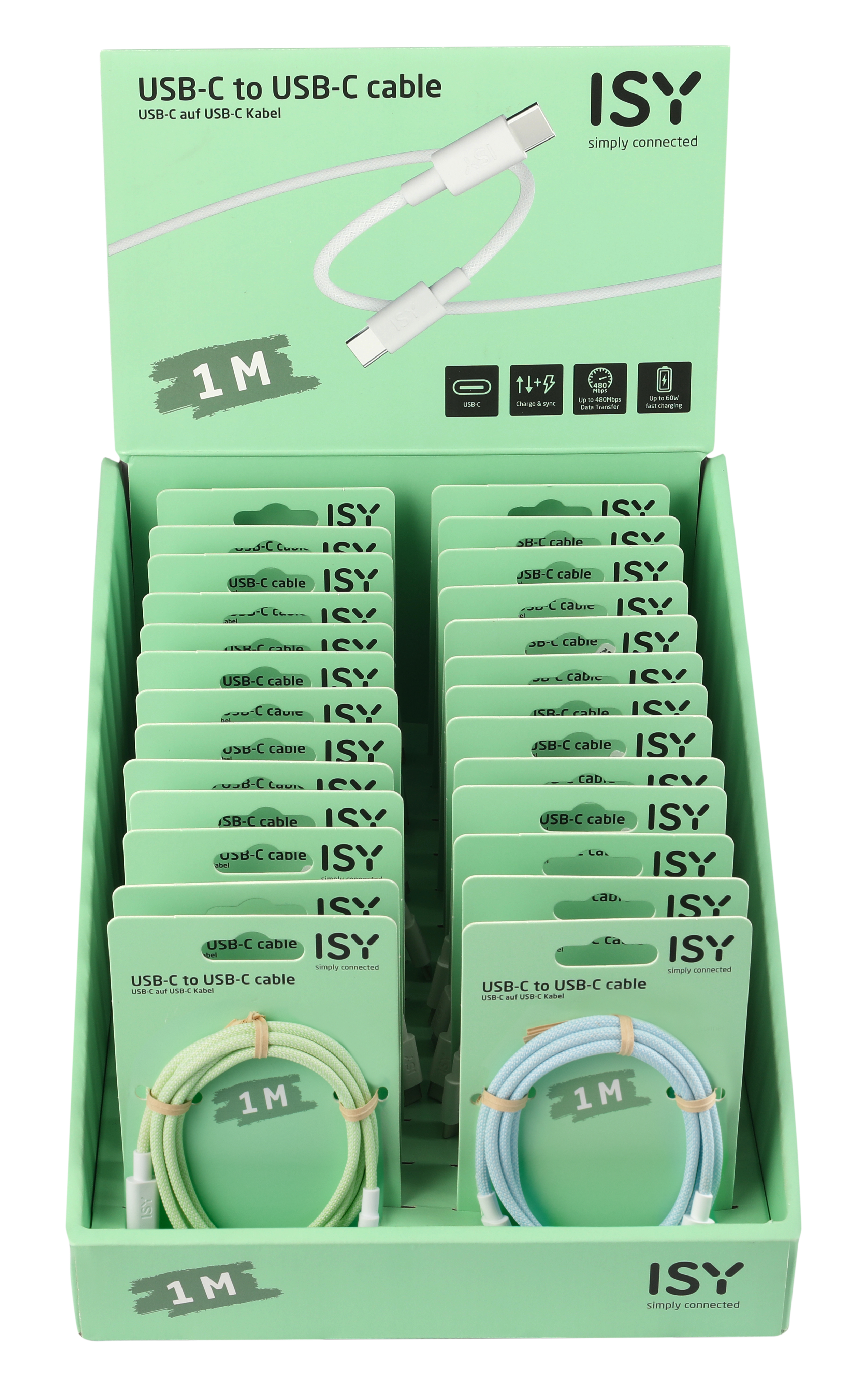 Pudełko wystawowe z kablami USB-C w różnych kolorach.