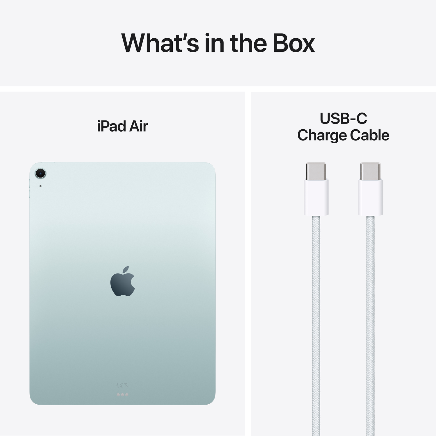 A blue tablet, a white USB-C cable, and a white power adapter.