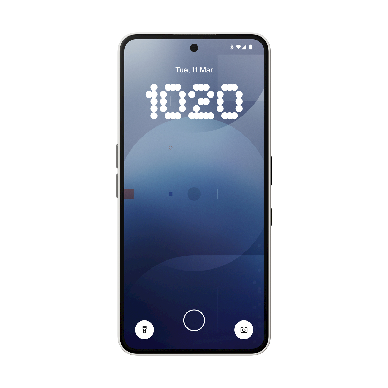 Smartphone con sfondo blu. Visualizza l'ora e l'interfaccia della fotocamera.