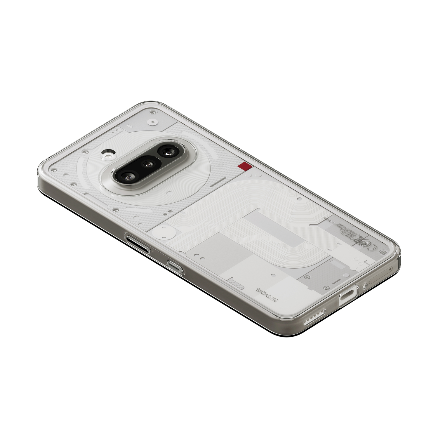 Il retro di un telefono trasparente con un modulo fotocamera e componenti interni visibili.