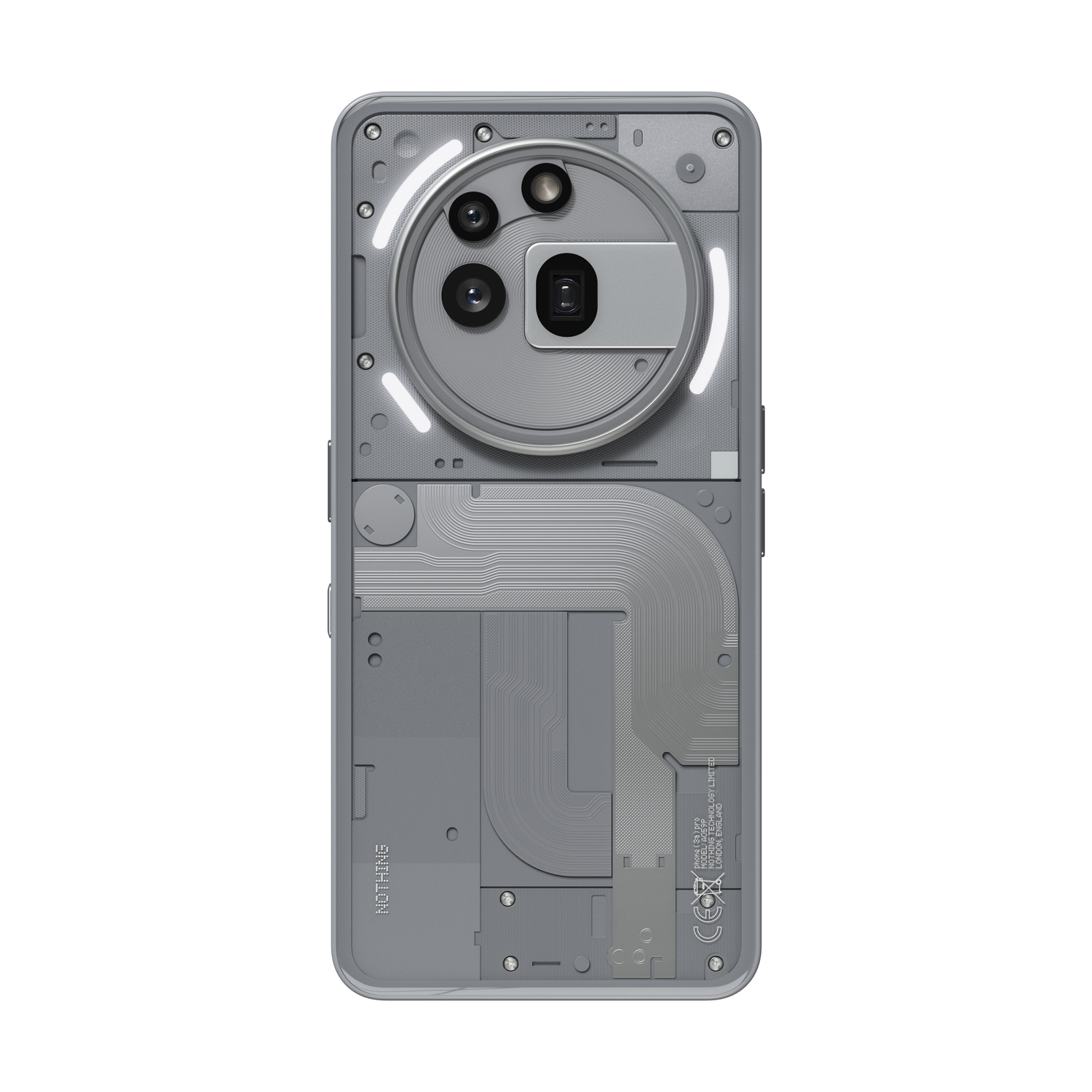 Retro di un Nothing Phone grigio. Ha un design trasparente, tre fotocamere e LED.
