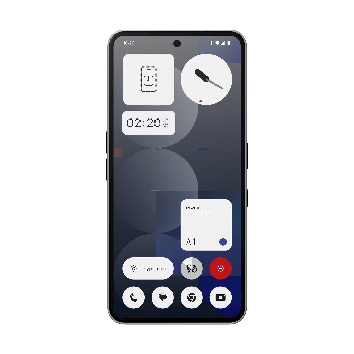 Uno smartphone con un'interfaccia dinamica che mostra i widget. Lo schermo mostra l'ora, una faccia e altre icone.