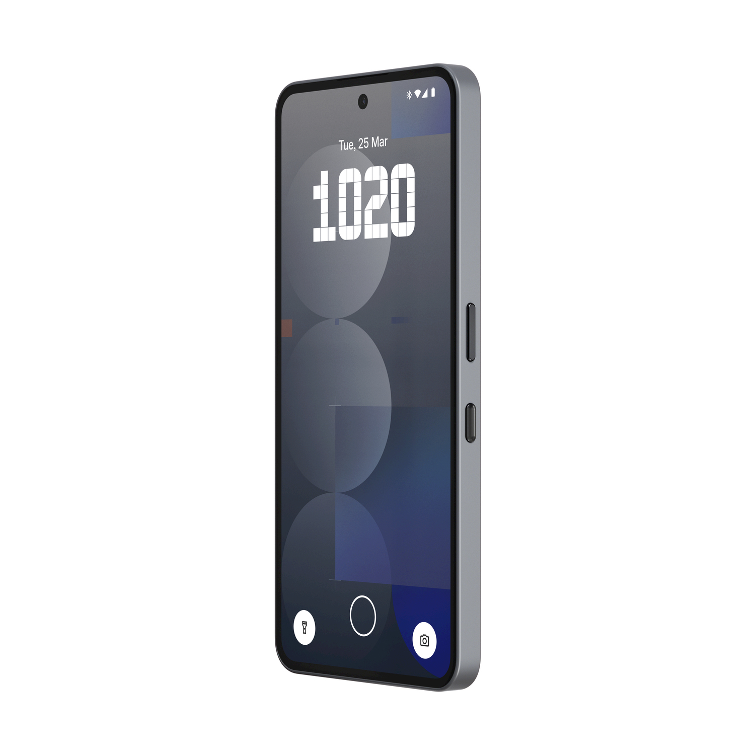 Uno smartphone con schermo grande, fotocamera e pulsante di accensione. Grigio.