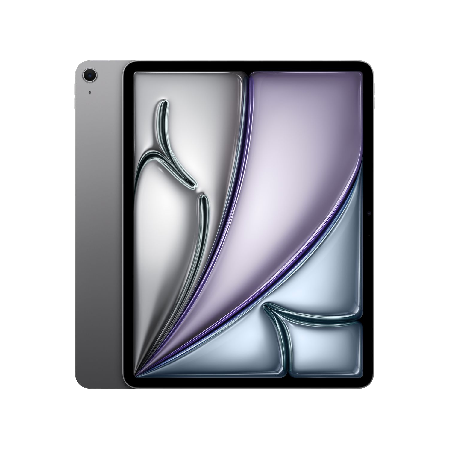 Een zilveren iPad Air met de achterkant en een display met zilveren en paarse gradiënten.