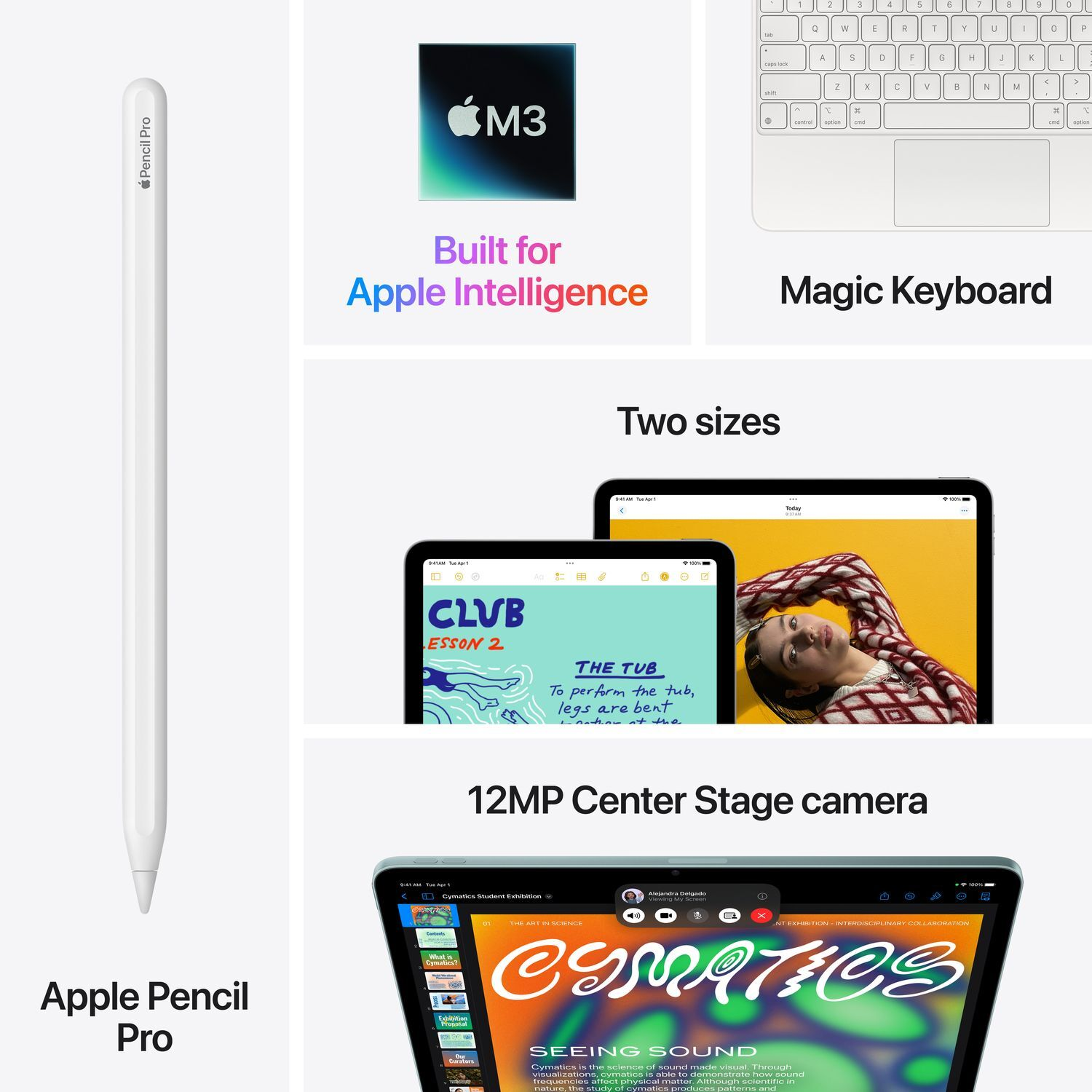 Afbeelding met een Apple Pencil Pro, Magic Keyboard, iPads en de 12MP Center Stage camera.