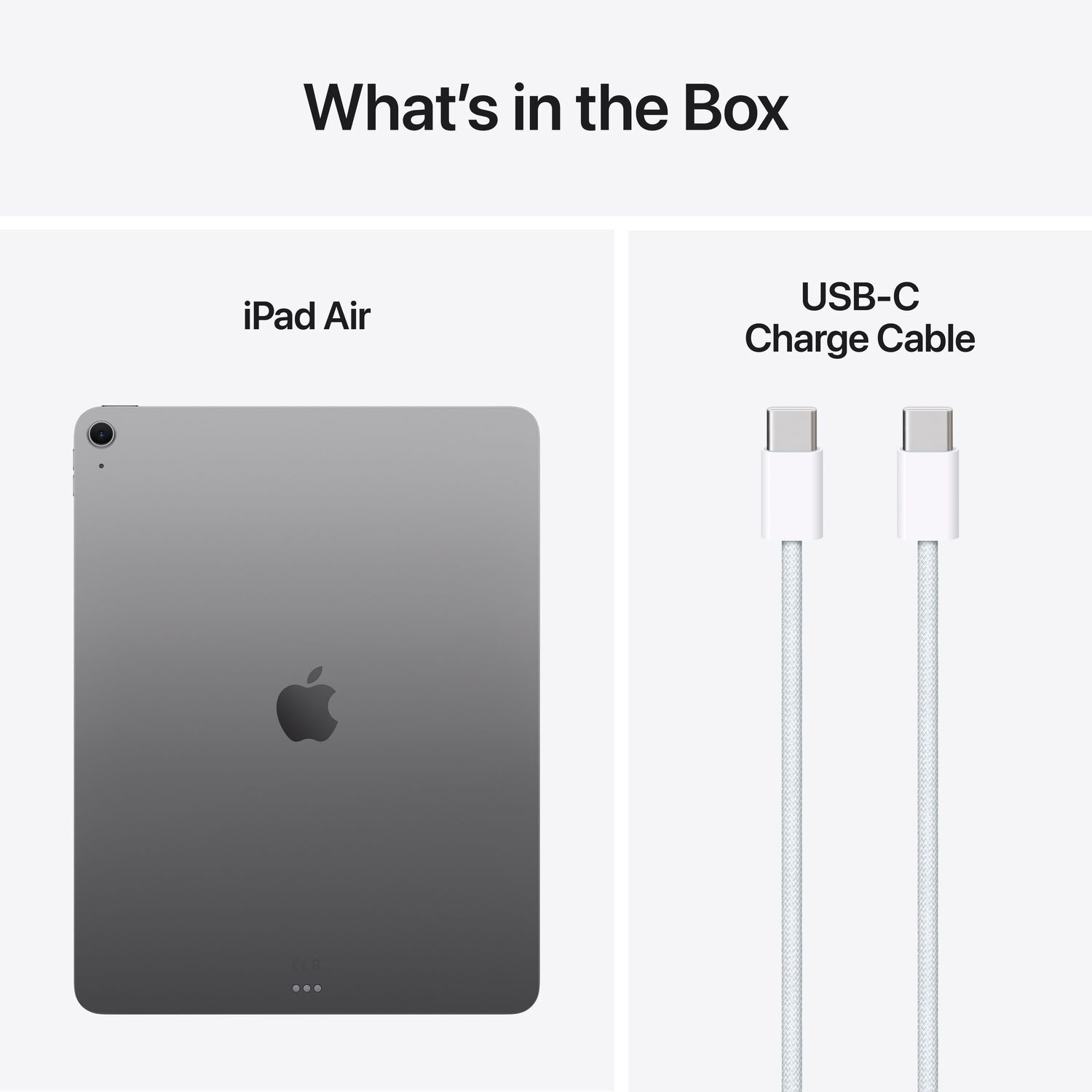 iPad Air en een USB-C-kabel op een witte achtergrond. Tekst: 'Wat zit er in de doos'.