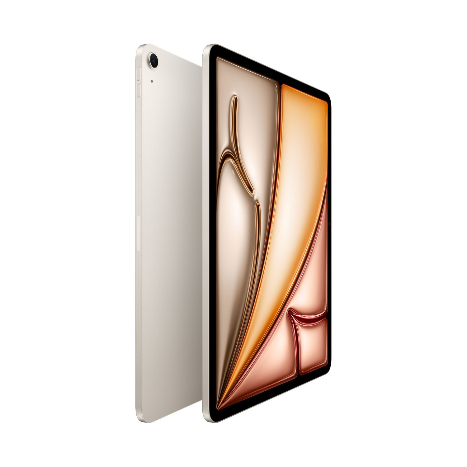Een iPad met een goud-oranje display en crème achterkant, getoond vanuit twee hoeken.
