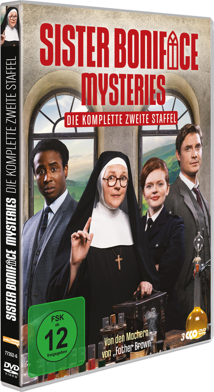 DVD-Cover von Sister Boniface Mysteries. Vier Personen stehen vor einem Gebäude.