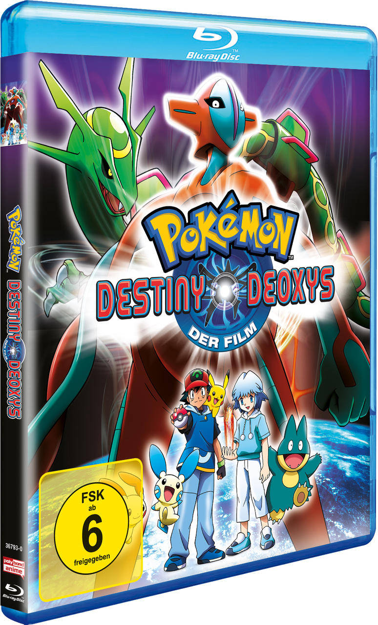Filmcover für Pokémon: Destiny Deoxys mit Ash, Pikachu und Deoxys vor blauem Hintergrund.