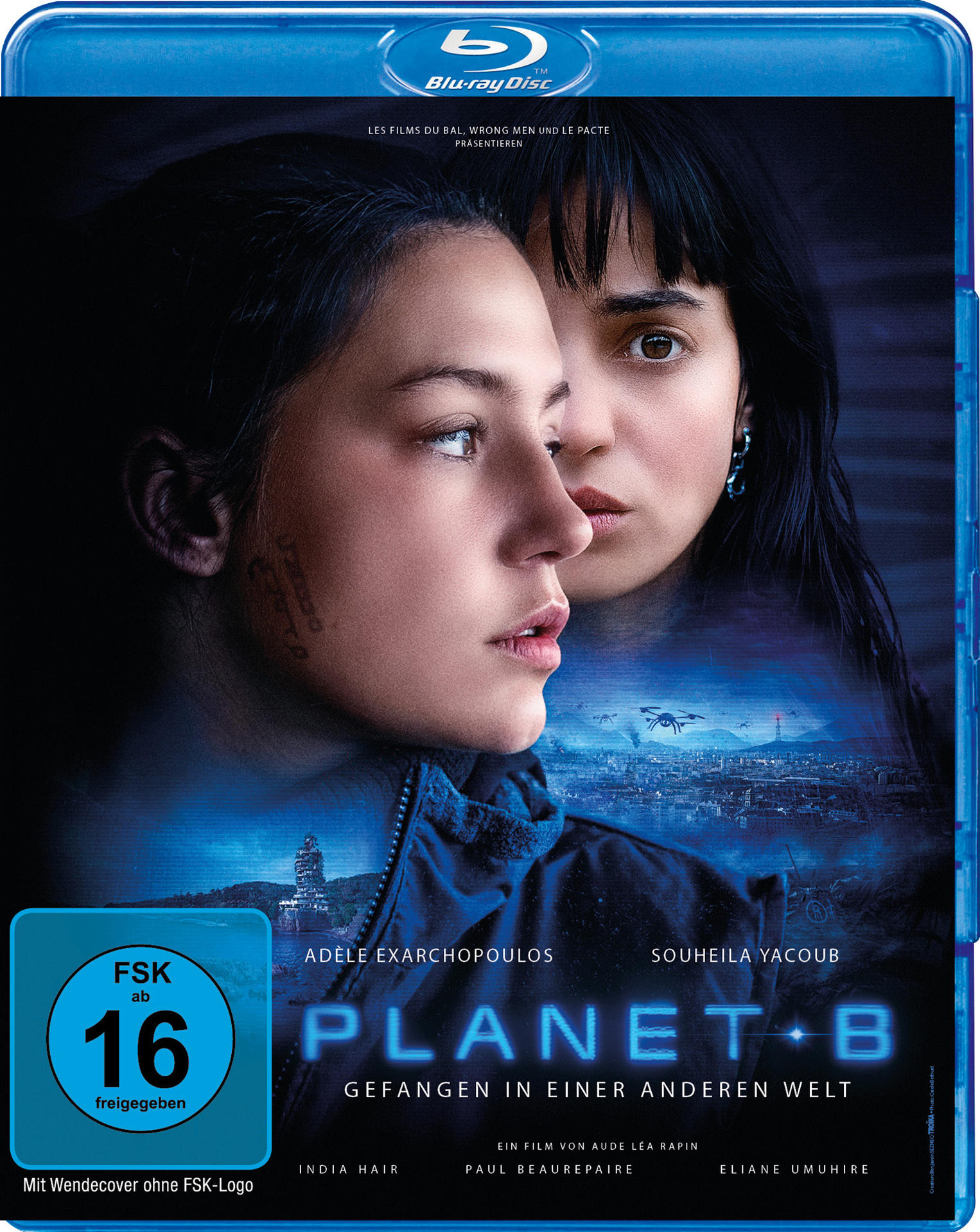 Filmcover von 'Planet B'. Zwei Frauen, eine im Fokus. Dunkelblauer und grauer Hintergrund mit Text und Logo.