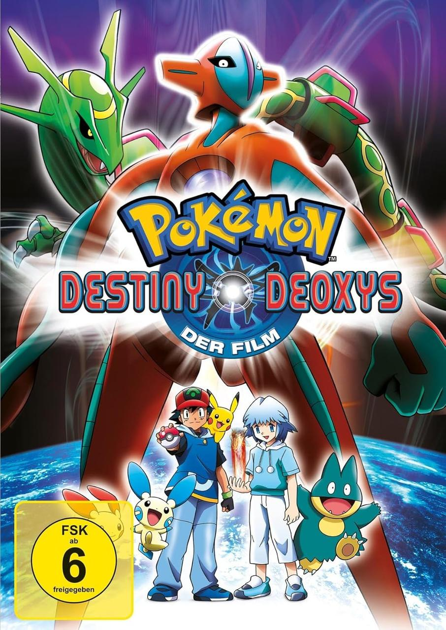 DVD-Cover für 'Pokémon: Destiny Deoxys' mit Charakteren aus dem Film und buntem Hintergrund.