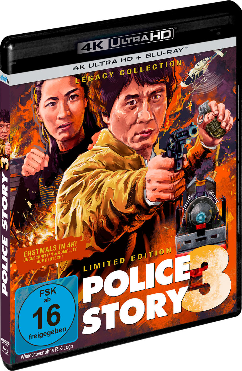 Filmcover: Jackie Chan mit Waffe, zielt. Eine Frau schaut zu, Hintergrund, Zug.
