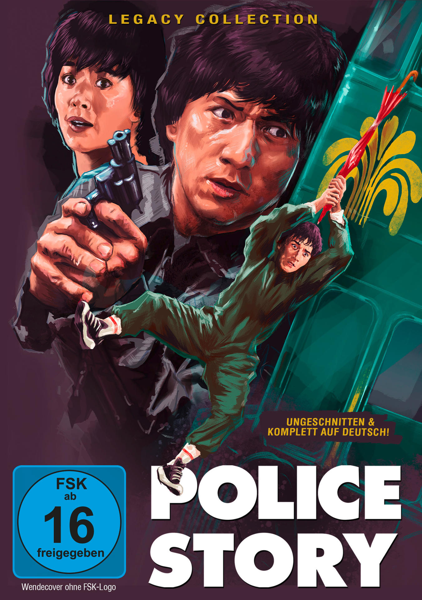 Filmcover. Jackie Chan in einem grünen Overall, hält Schirm und Pistole.