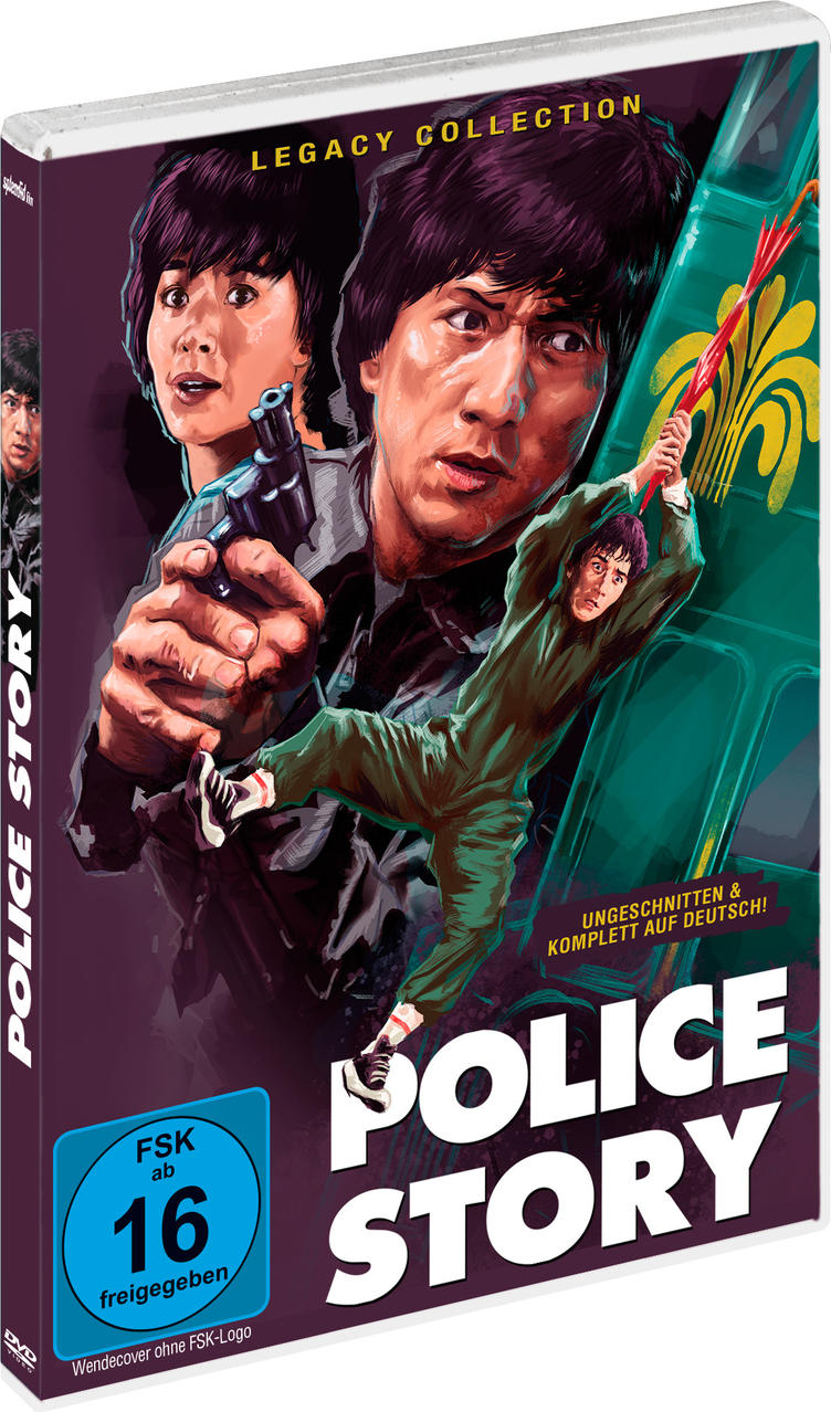 DVD-Cover für den Film 'Police Story'. Mit Jackie Chan mit Waffe und Kampf.