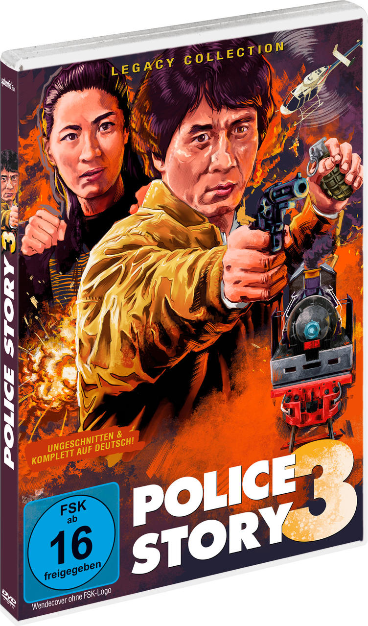 DVD-Hülle von 'Police Story 3' zeigt Jackie Chan mit einer Waffe, eine andere Frau und eine Explosion.