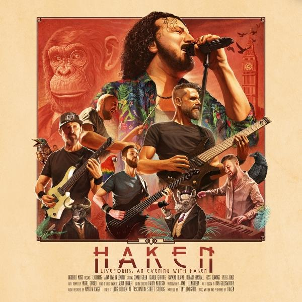 Konzertplakat mit der Band Haken. Mit Musikern, einem Schimpansen und Londoner Wahrzeichen.