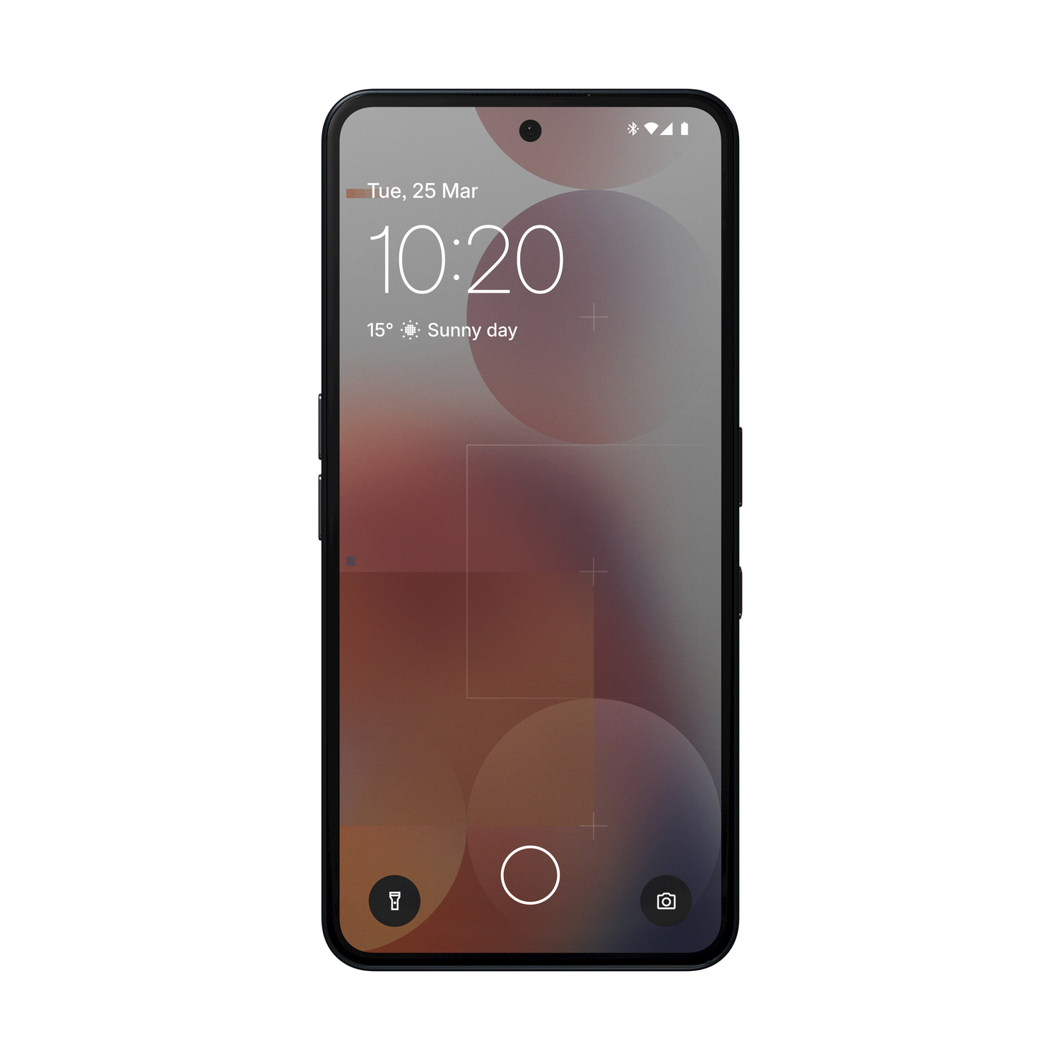 Smartphone nero con schermo luminoso che mostra ora e data. Ha un'icona della fotocamera e della torcia.